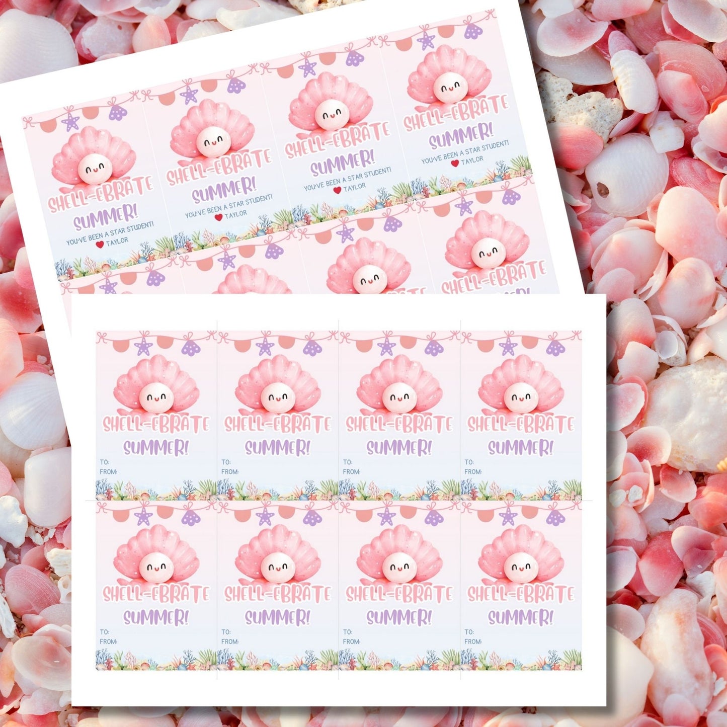 Whimsical summer gift tags featuring a cute seashell and starfish design with the text Shell-ebrate Summer! You've Been a Star Student! Personalize with names.