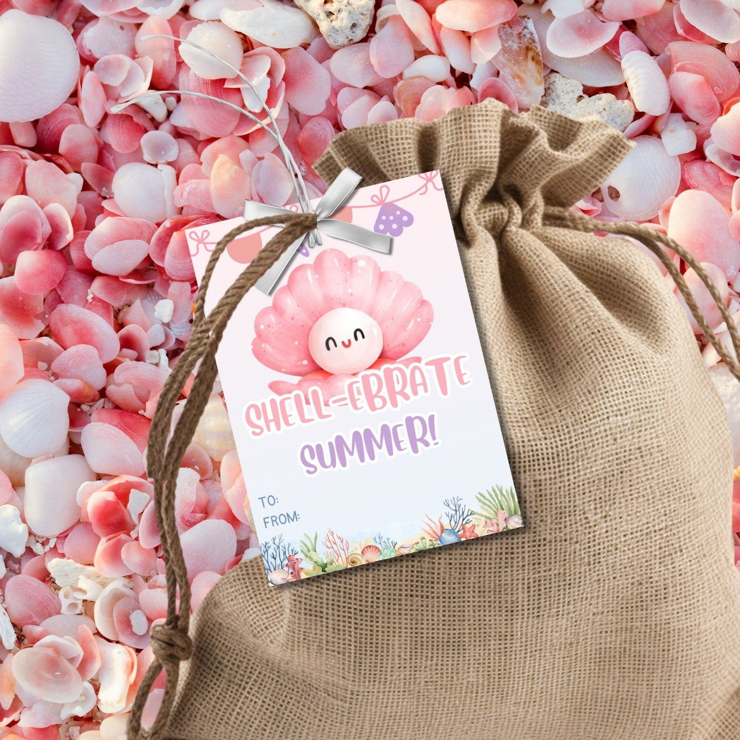 Whimsical summer gift tags featuring a cute seashell and starfish design with the text Shell-ebrate Summer! You've Been a Star Student! Personalize with names.