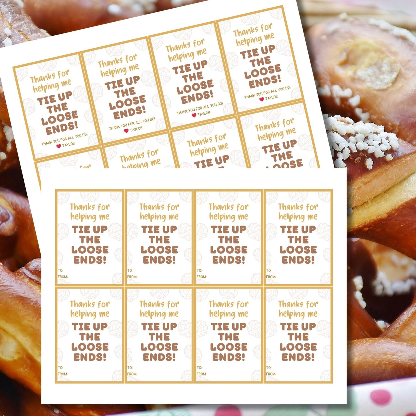 Whimsical Thanks for helping me TIE UP the loose ends! pretzel-themed gift tags, editable in Canva for a heartfelt thank-you snack.