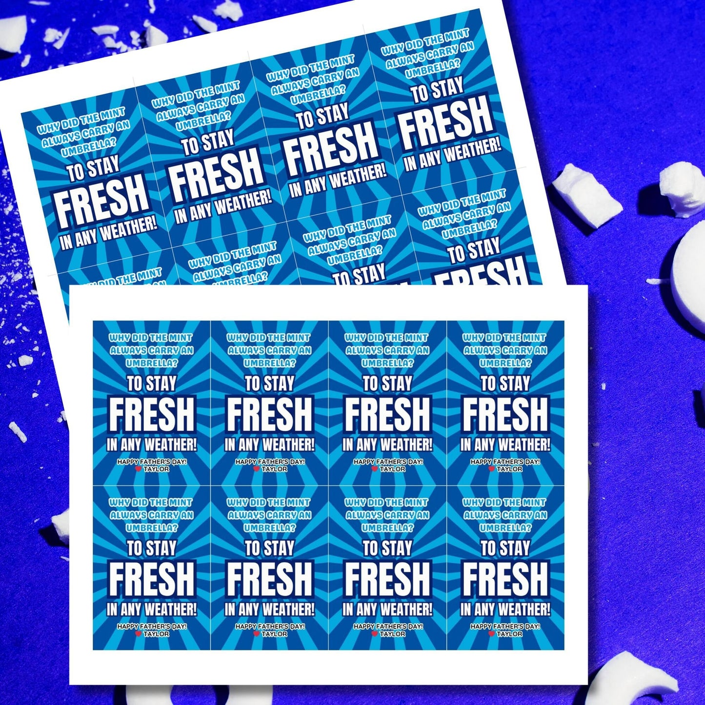 Why Did the Mint Always Carry an Umbrella? Fathers Day gift tags with a blue and white design. Features a joke about mint staying fresh in any weather, with a customizable name field. Available as a printable PDF and an editable Canva template.