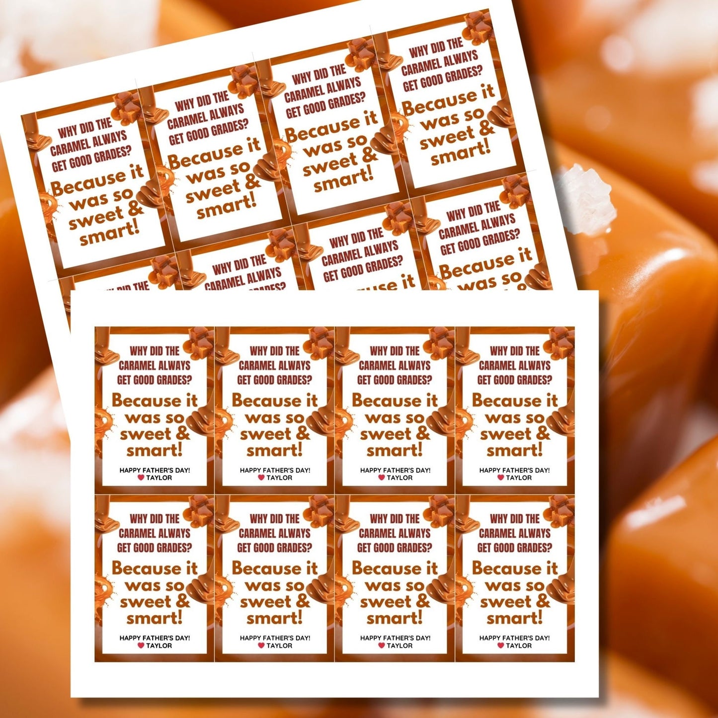 Why Did the Caramel Always Get Good Grades? Fathers Day gift tags with a caramel-themed design. Features a joke about caramel being sweet and smart, with a customizable name field. Available as a printable PDF and an editable Canva template.