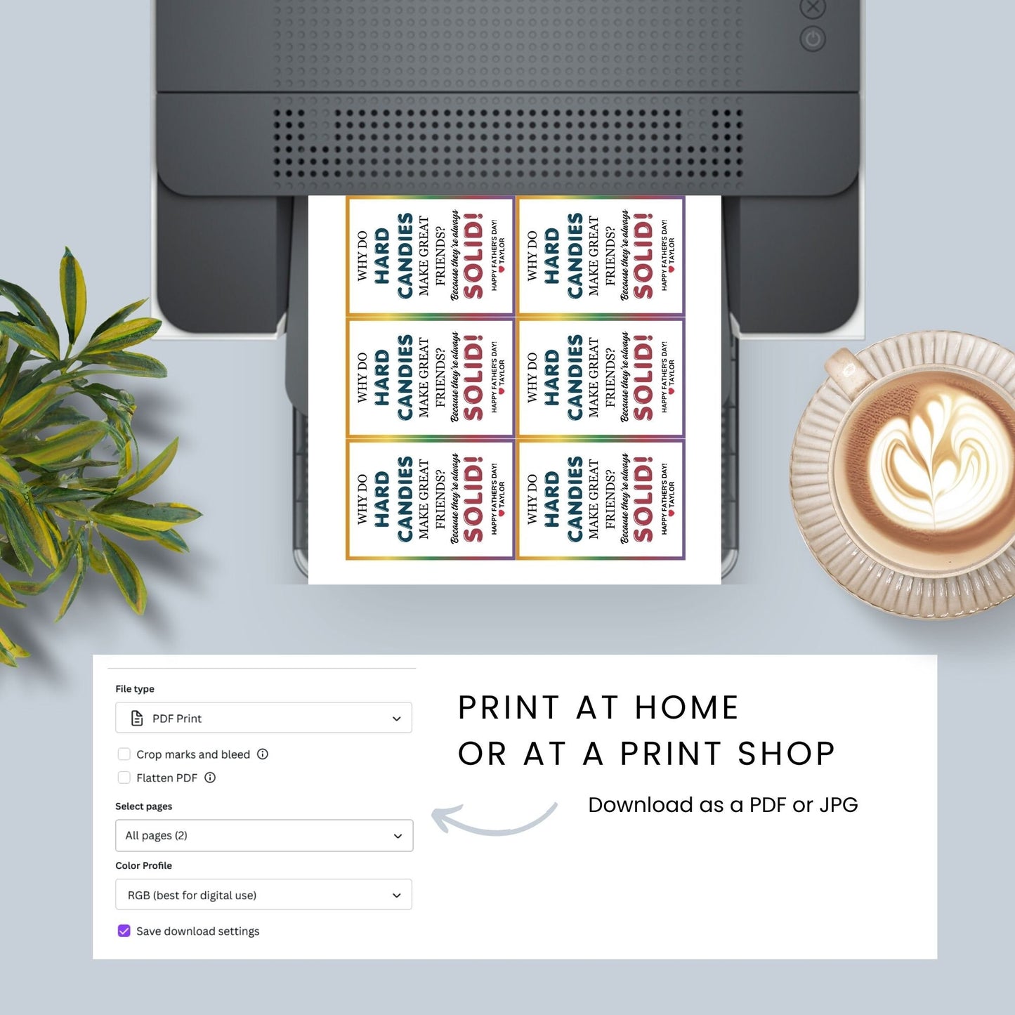 Why Do Hard Candies Make Great Friends? Father's Day gift tags with a colorful border. Features a joke about hard candies being solid friends, with a customizable name field. Available as a printable PDF and an editable Canva template.
