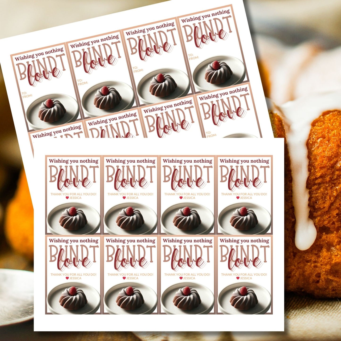 Charming Wishing You Nothing BUNDT Love cake-themed gift tags, with a Canva link for customization, perfect for heartfelt gifting.