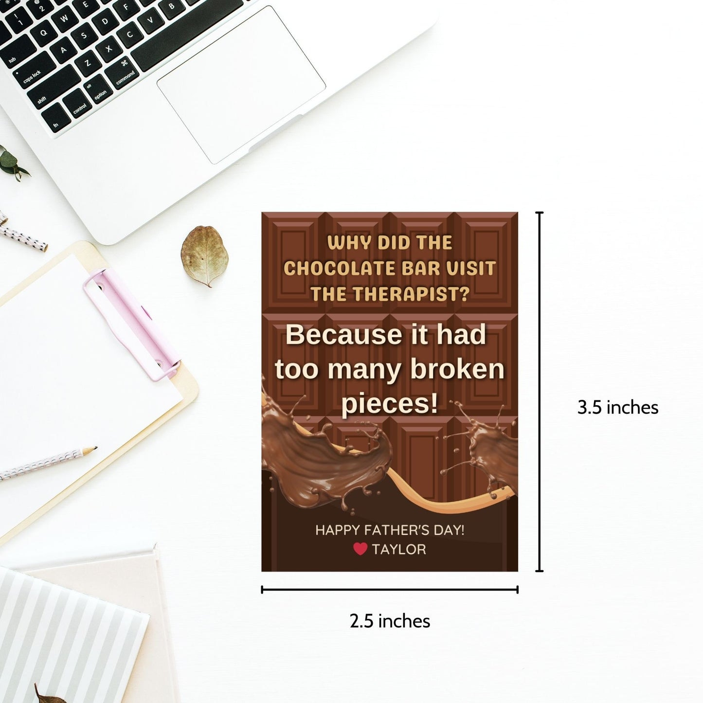 Eight chocolate bar themed Fathers Day gift tags displayed in two rows of four. Each tag features a dad joke about a chocolate bar needing therapy due to too many broken pieces, with a customizable name slot.