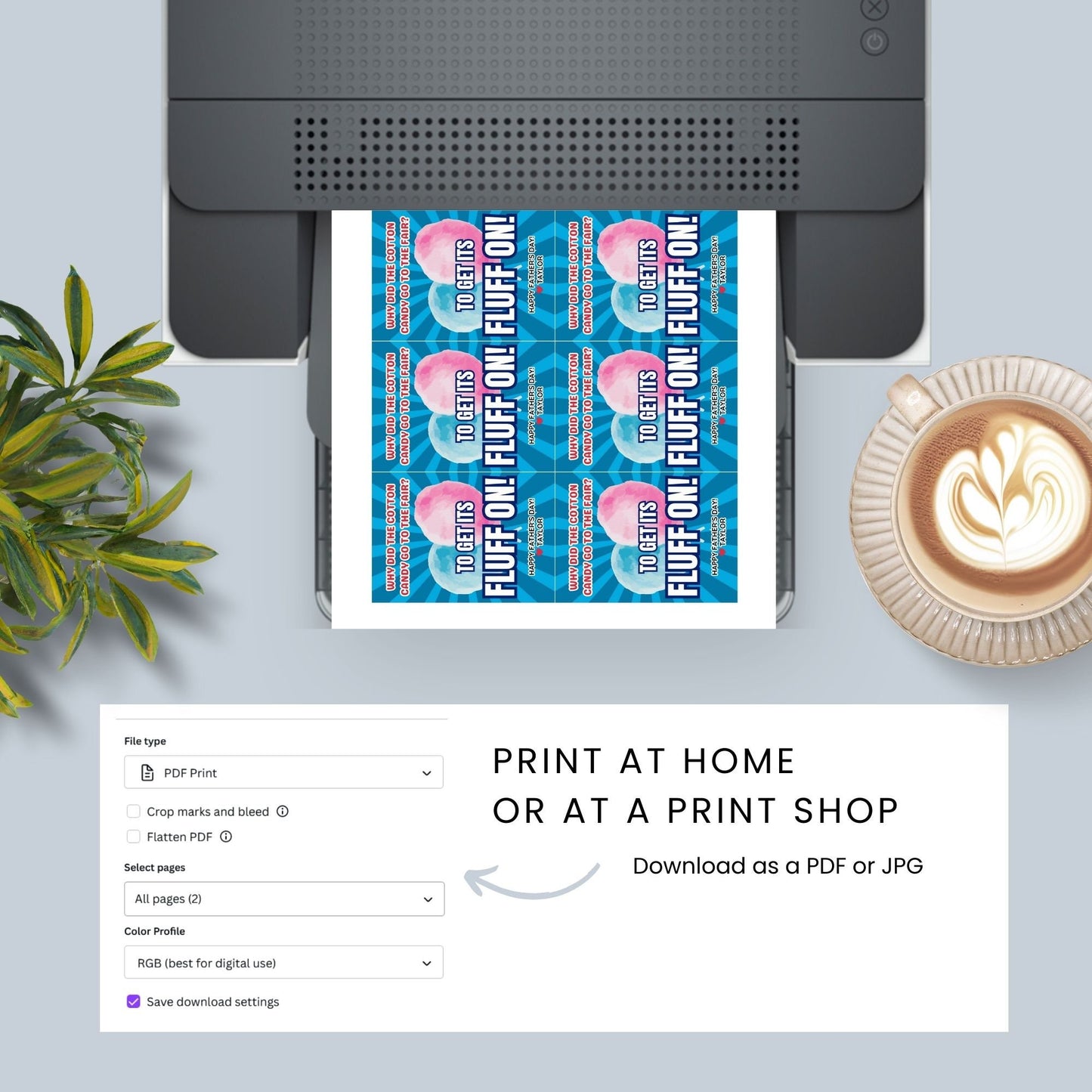 Eight cotton candy-themed Father's Day gift tags displayed in two rows of four. Each tag features a dad joke about cotton candy going to the fair to "get its fluff on," with a customizable name slot.