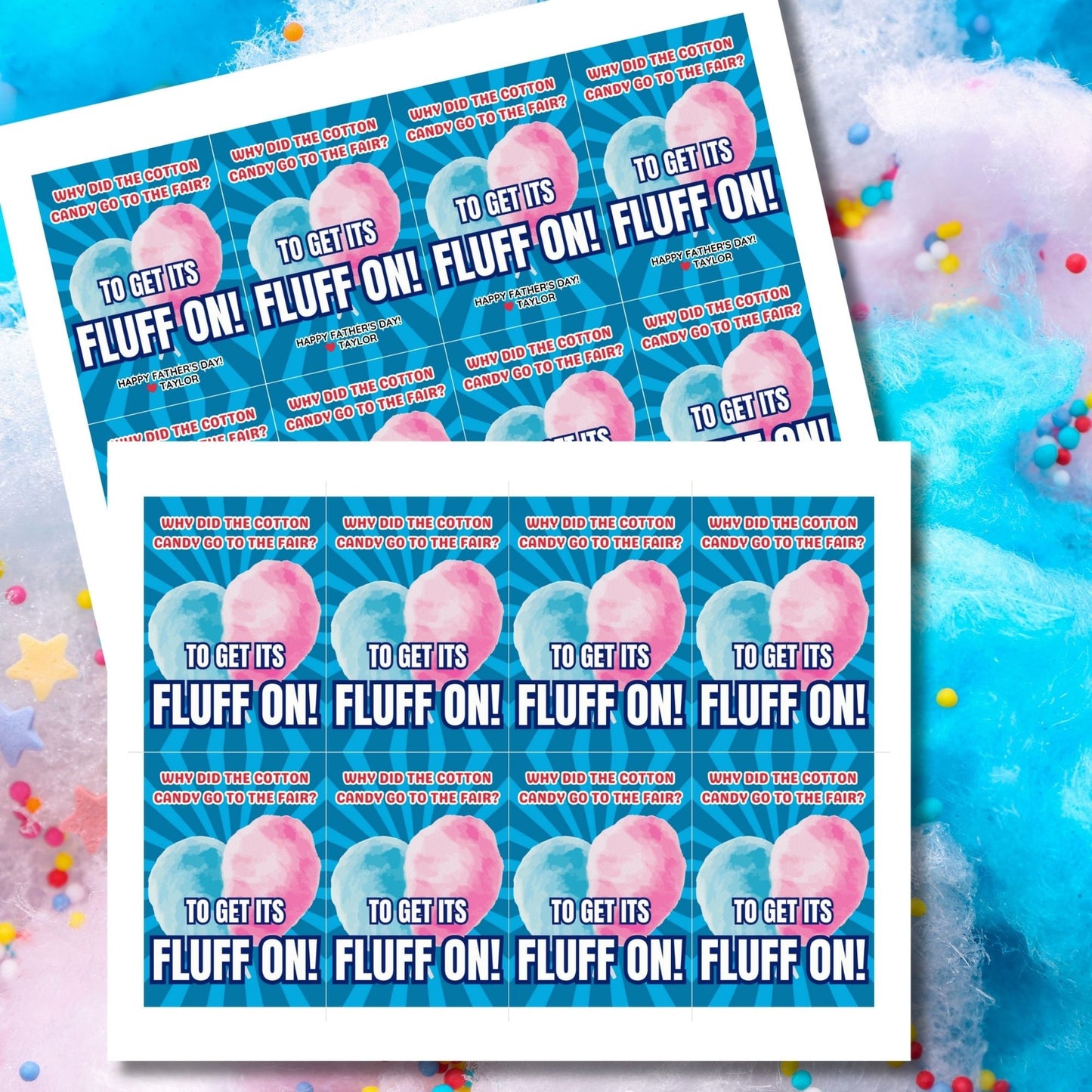 Eight cotton candy-themed Father's Day gift tags displayed in two rows of four. Each tag features a dad joke about cotton candy going to the fair to "get its fluff on," with a customizable name slot.