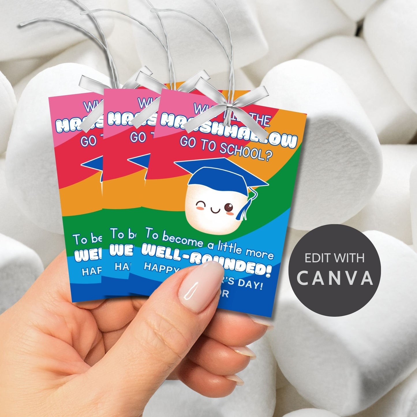 Eight marshmallow-themed Fathers Day gift tags displayed in two rows of four. Each tag features a dad joke about a marshmallow going to school to become more well-rounded, with a customizable name slot.