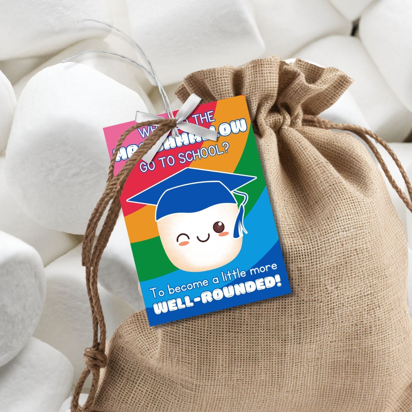 Eight marshmallow-themed Fathers Day gift tags displayed in two rows of four. Each tag features a dad joke about a marshmallow going to school to become more well-rounded, with a customizable name slot.