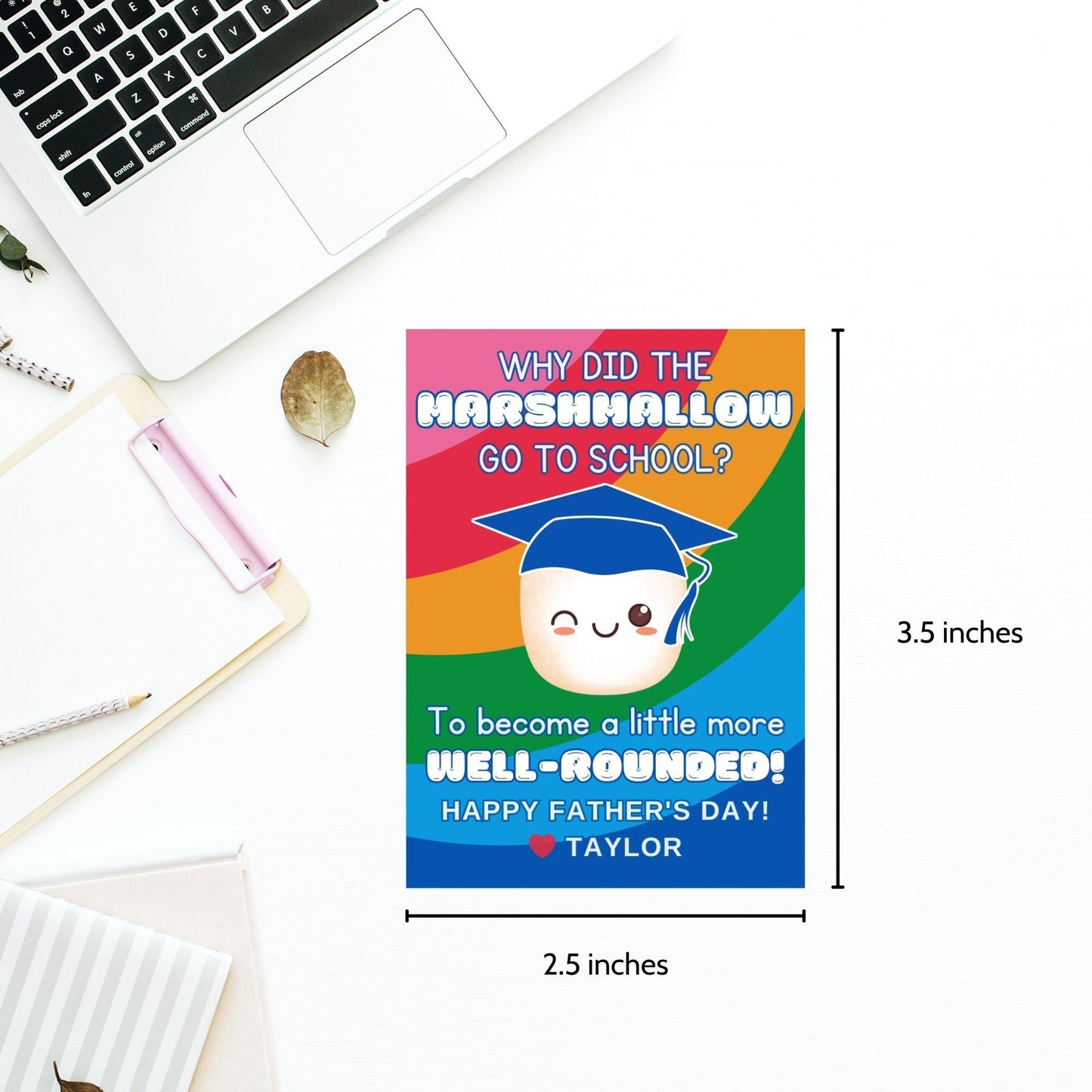 Eight marshmallow-themed Fathers Day gift tags displayed in two rows of four. Each tag features a dad joke about a marshmallow going to school to become more well-rounded, with a customizable name slot.