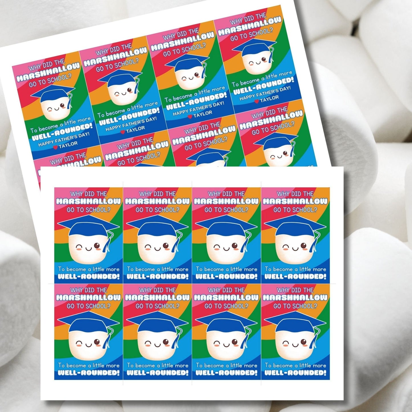 Eight marshmallow-themed Fathers Day gift tags displayed in two rows of four. Each tag features a dad joke about a marshmallow going to school to become more well-rounded, with a customizable name slot.