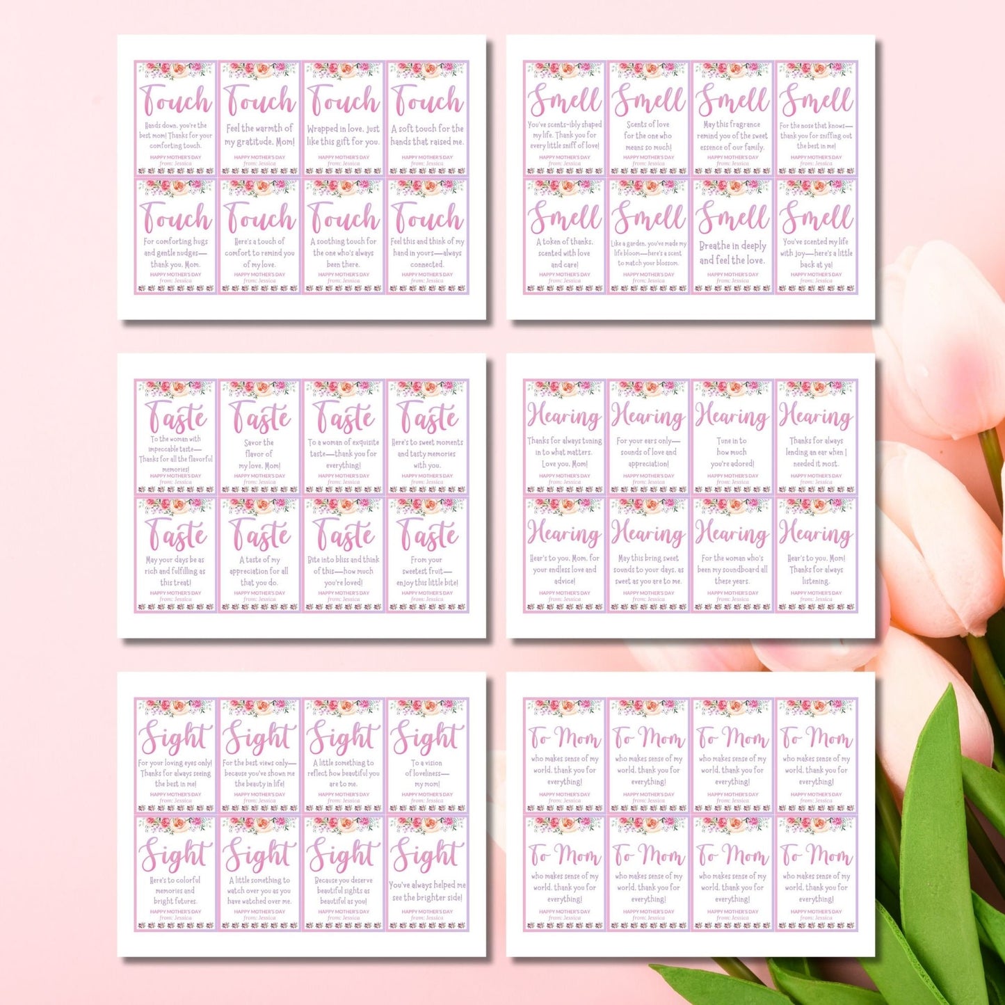 A vibrant set of Mother's Day gift tags for the five senses with floral designs and space for personalization, conveying love and appreciation