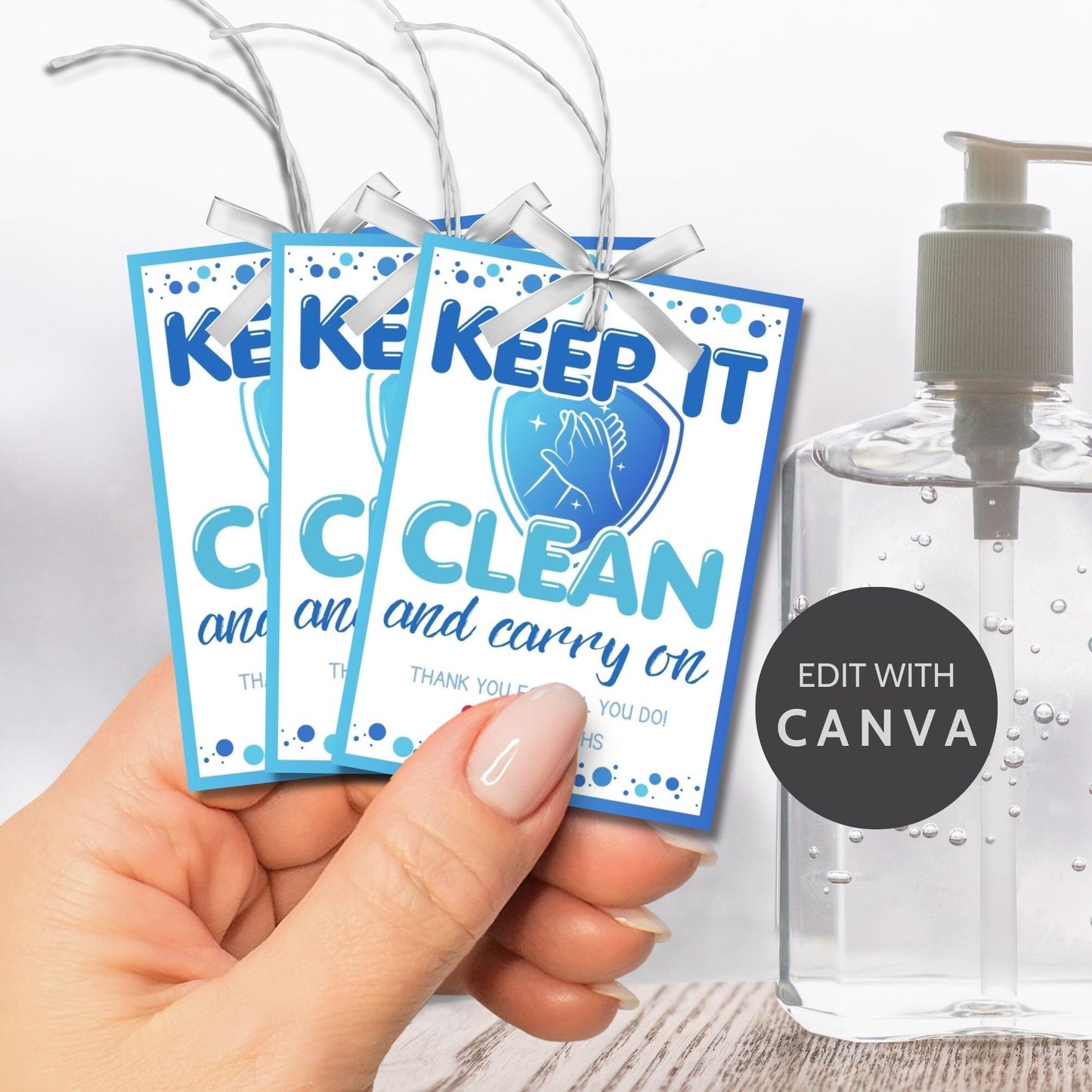 Hand Sanitizer Gift Tag that say Keep It Clean and Carry On