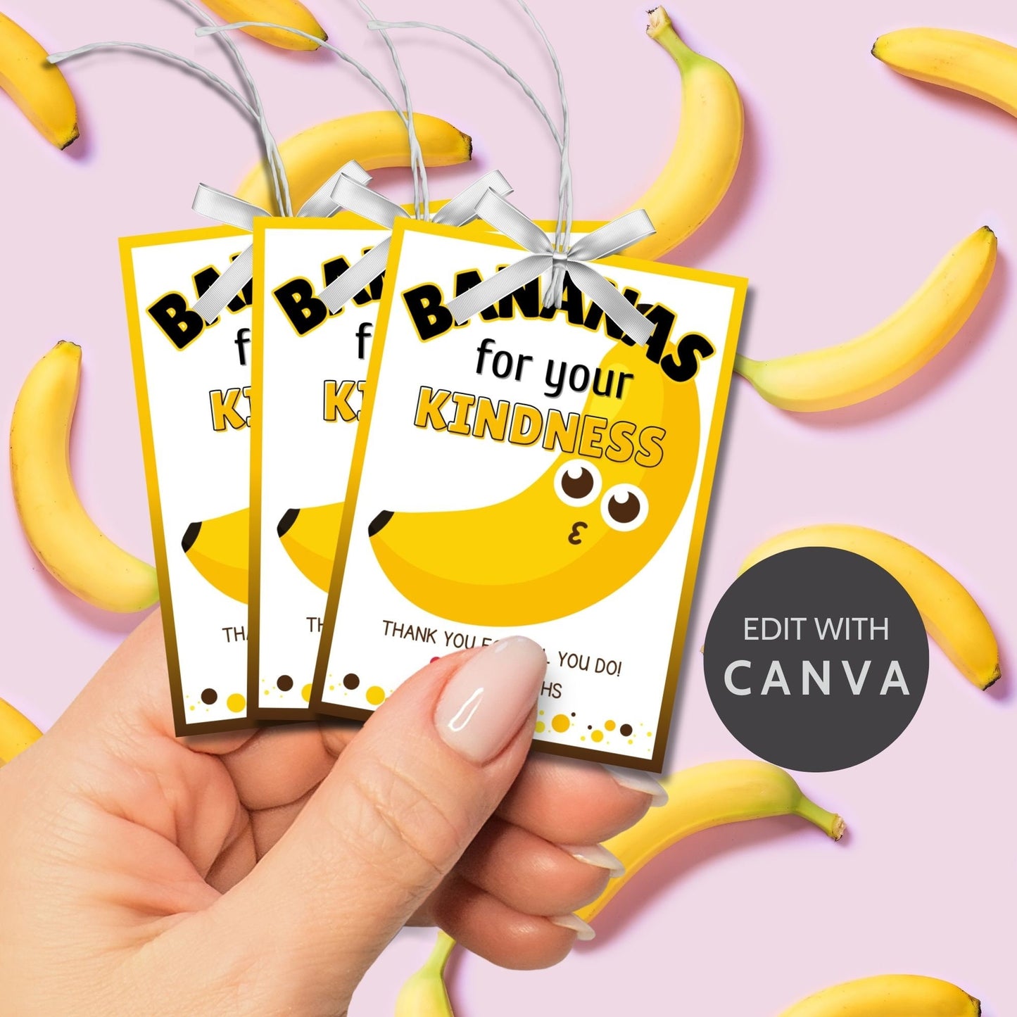 Cheerful Bananas for Your Kindness yellow banana gift tags with editable names on Canva, perfect for showing heartfelt gratitude.