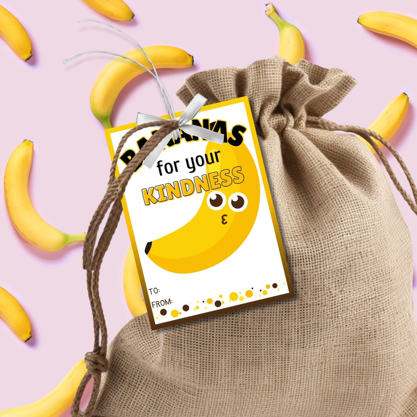 Cheerful Bananas for Your Kindness yellow banana gift tags with editable names on Canva, perfect for showing heartfelt gratitude.