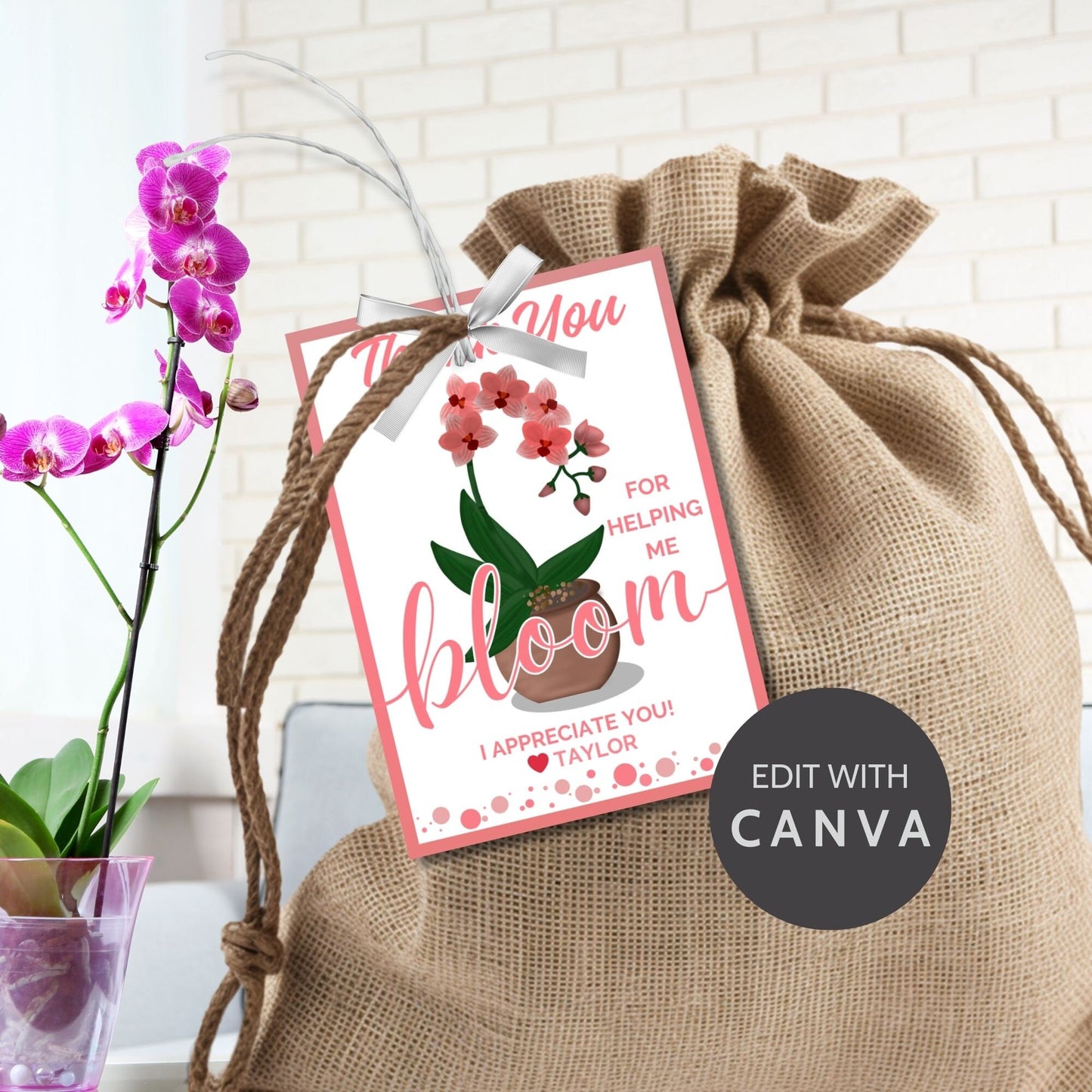 Vibrant Thank You for Helping Me Bloom gift tags featuring cheerful pot and orchid design with editable name option on Canva, ideal for showing gratitude.
