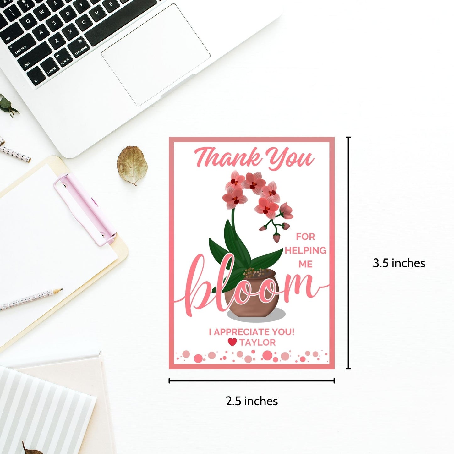 Vibrant Thank You for Helping Me Bloom gift tags featuring cheerful pot and orchid design with editable name option on Canva, ideal for showing gratitude.