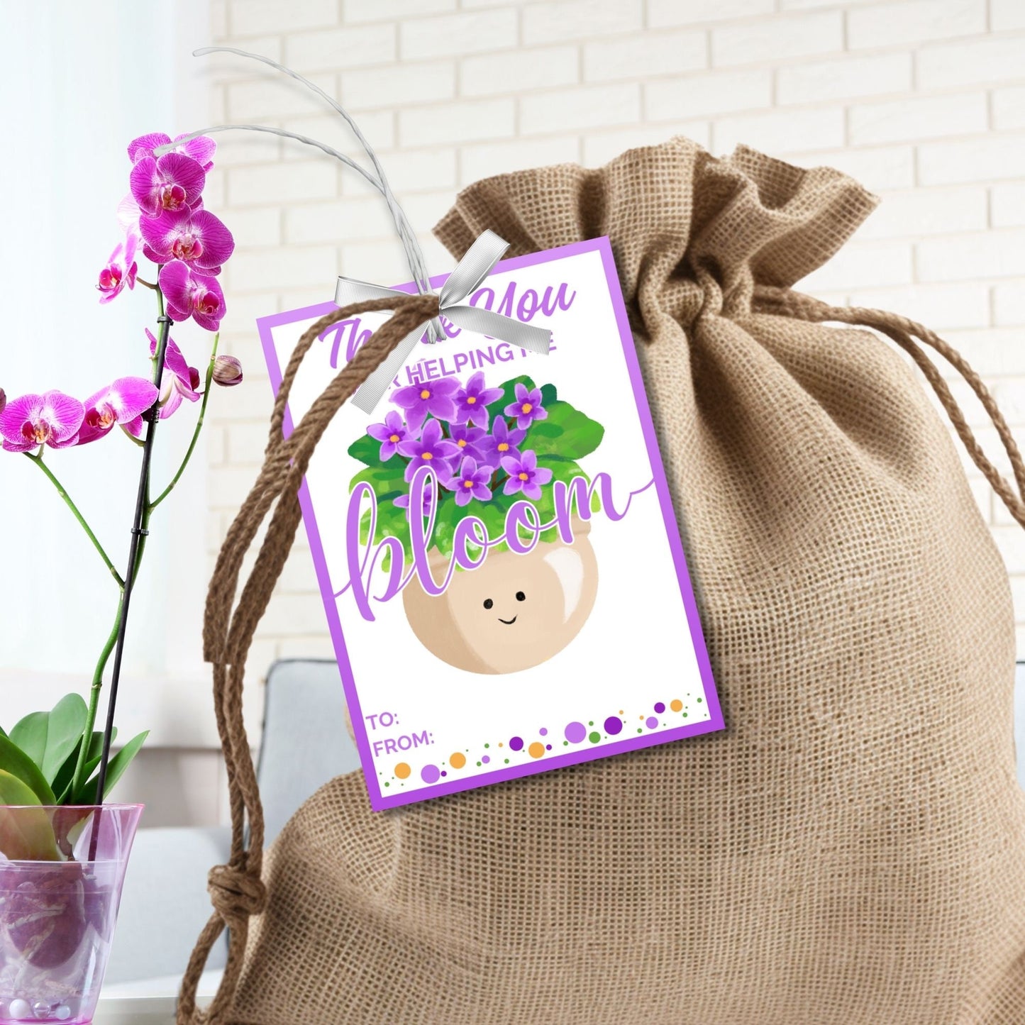 Vibrant Thank You for Helping Me Bloom gift tags featuring cheerful pot and violet flower design with editable name option on Canva, ideal for showing gratitude.