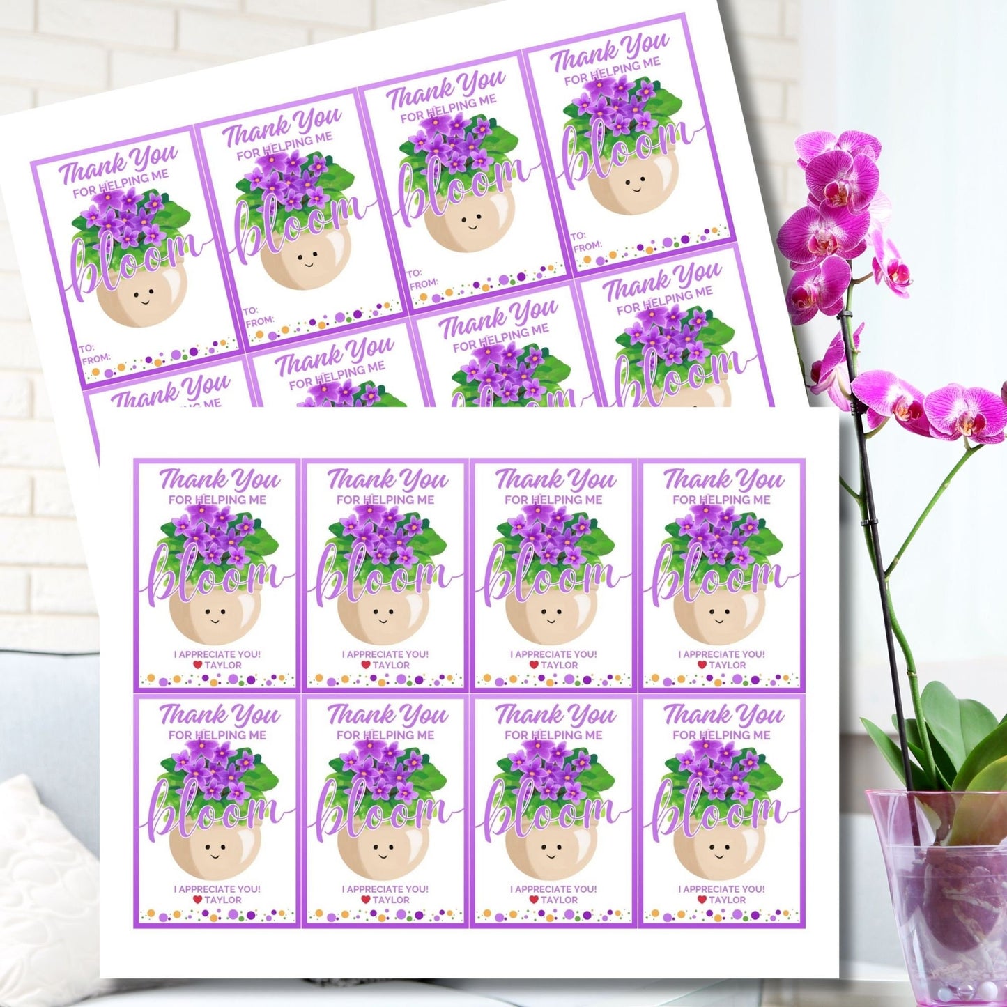 Vibrant Thank You for Helping Me Bloom gift tags featuring cheerful pot and violet flower design with editable name option on Canva, ideal for showing gratitude.