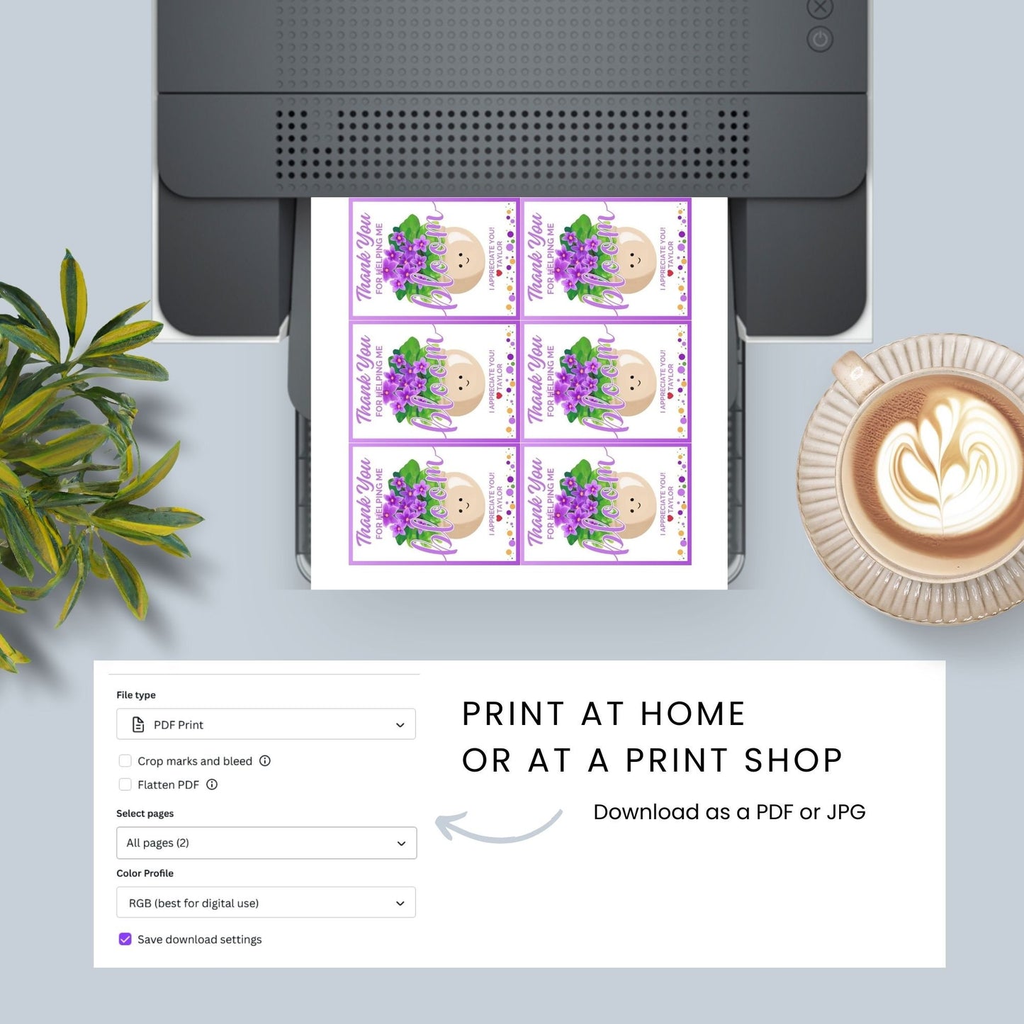 Vibrant Thank You for Helping Me Bloom gift tags featuring cheerful pot and violet flower design with editable name option on Canva, ideal for showing gratitude.