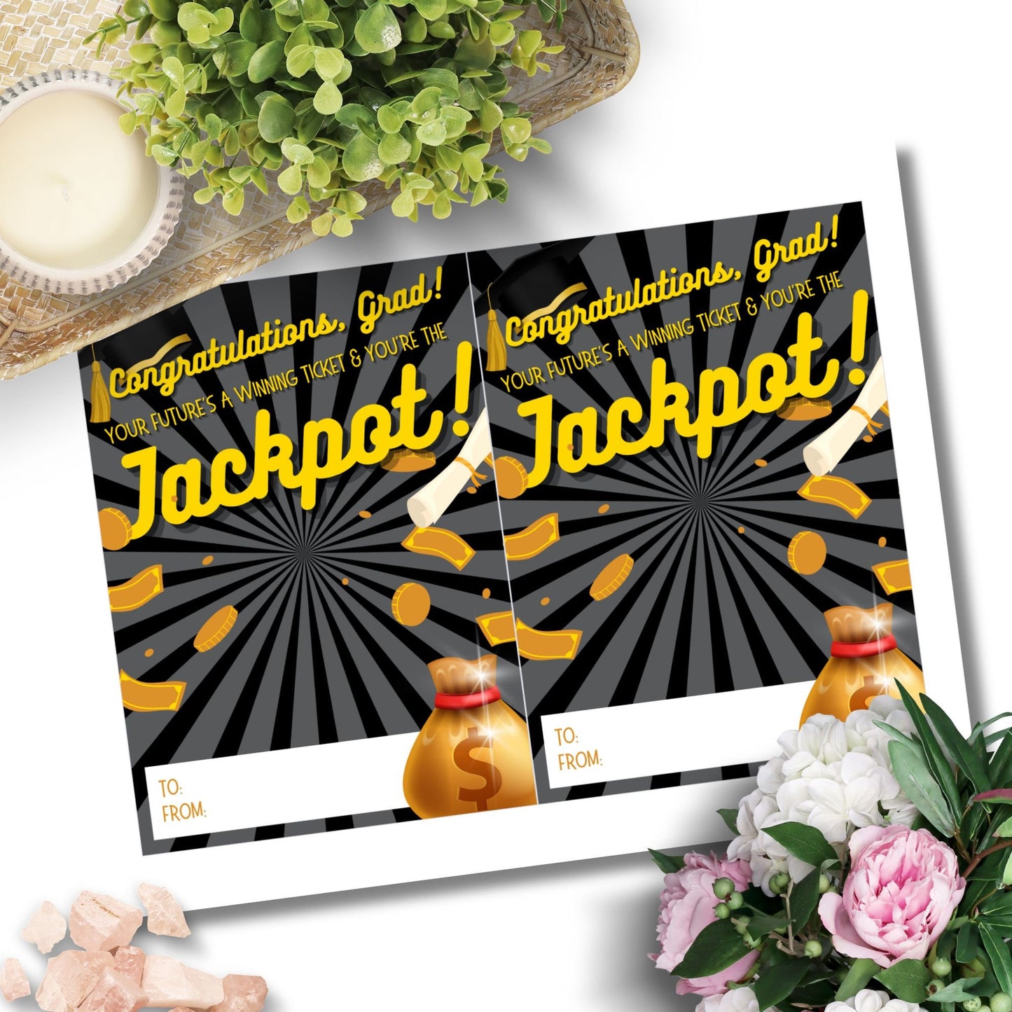 Printable 5x7 inch lotto or scratchers card holder for graduates, with a design featuring a graduation cap, gold coins, a diploma, and a money bag. Perfect for adding a fun and memorable touch to graduation gifts.