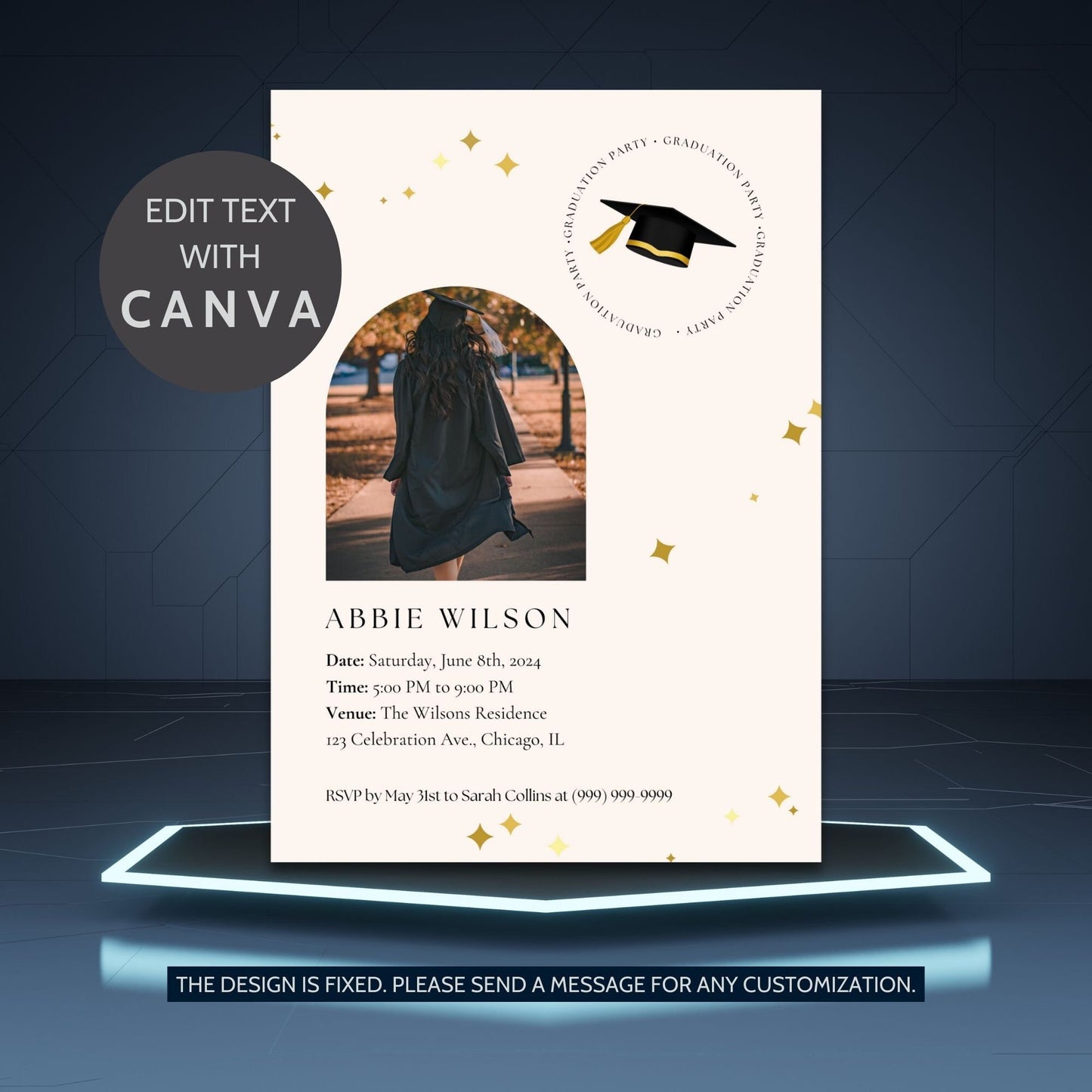 Editable graduation party invitation featuring a photo of a graduate walking down a tree-lined path, with festive gold stars and graduation cap design elements. Text includes details of the event.