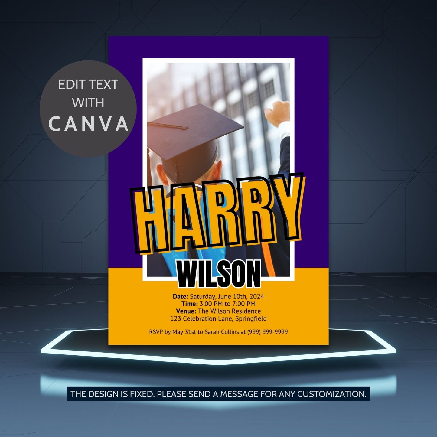 Dynamic double-sided graduation party invitation featuring graduates with diplomas at sunset on the front, and party details over a vibrant purple and yellow background on the back.