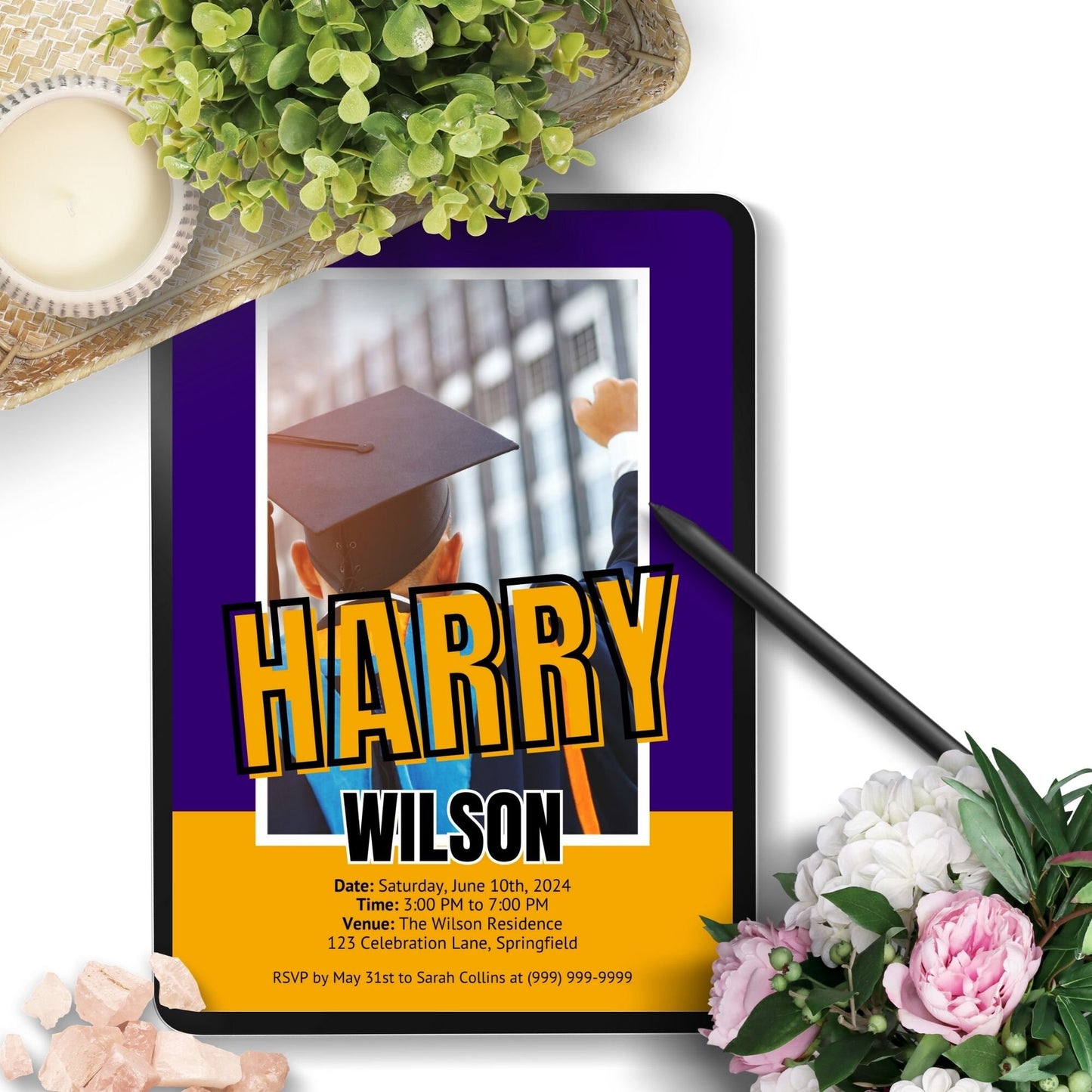 Dynamic double-sided graduation party invitation featuring graduates with diplomas at sunset on the front, and party details over a vibrant purple and yellow background on the back.