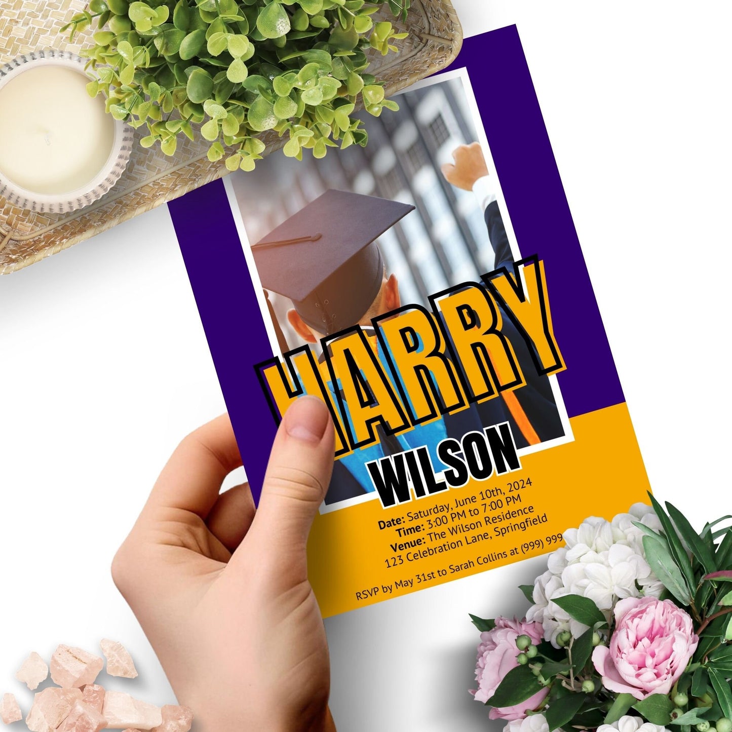 Dynamic double-sided graduation party invitation featuring graduates with diplomas at sunset on the front, and party details over a vibrant purple and yellow background on the back.
