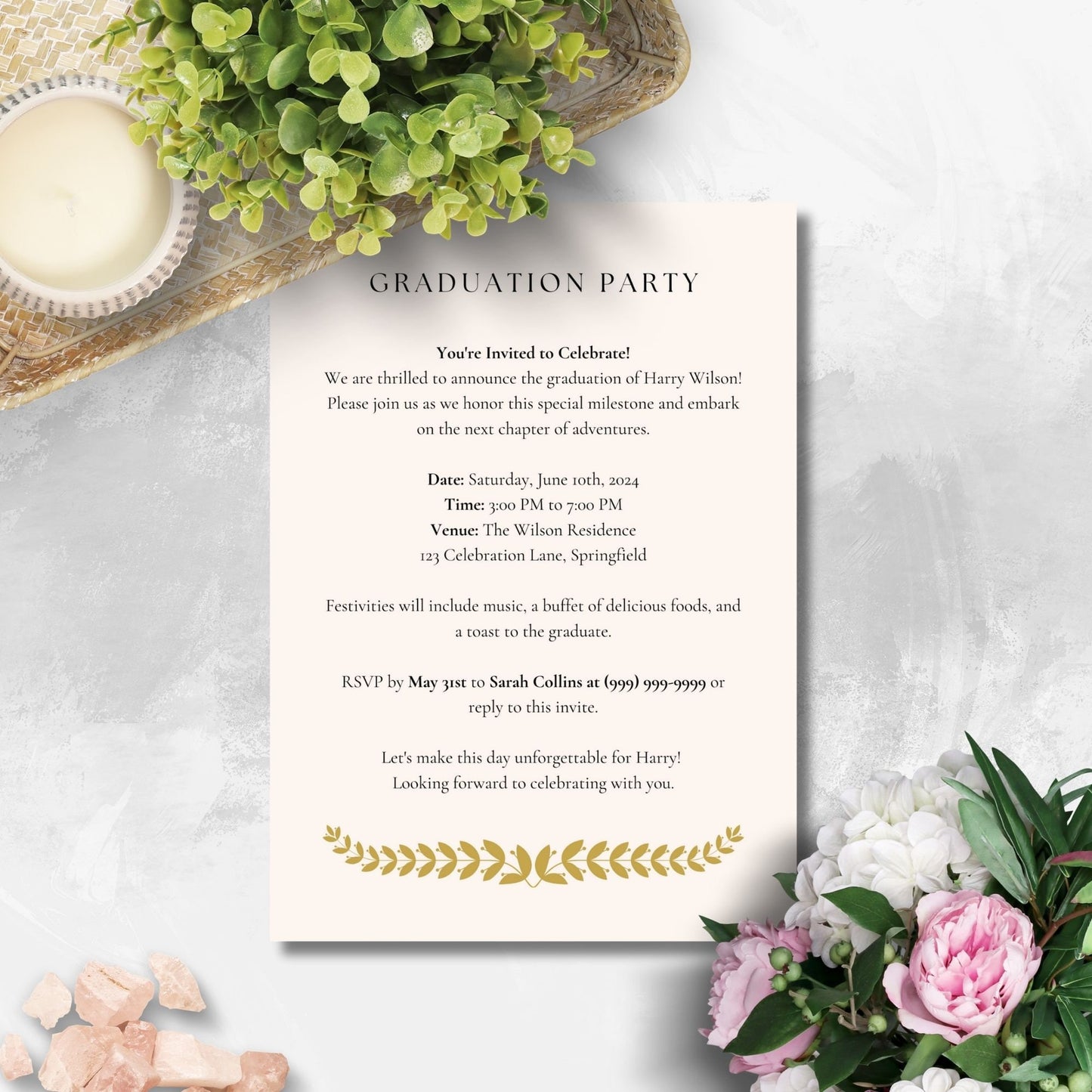 Elegant double-sided graduation party invitation featuring Abbie Wilson in graduation attire on the front and event details on the back, set against a backdrop of golden accents and classically styled text.