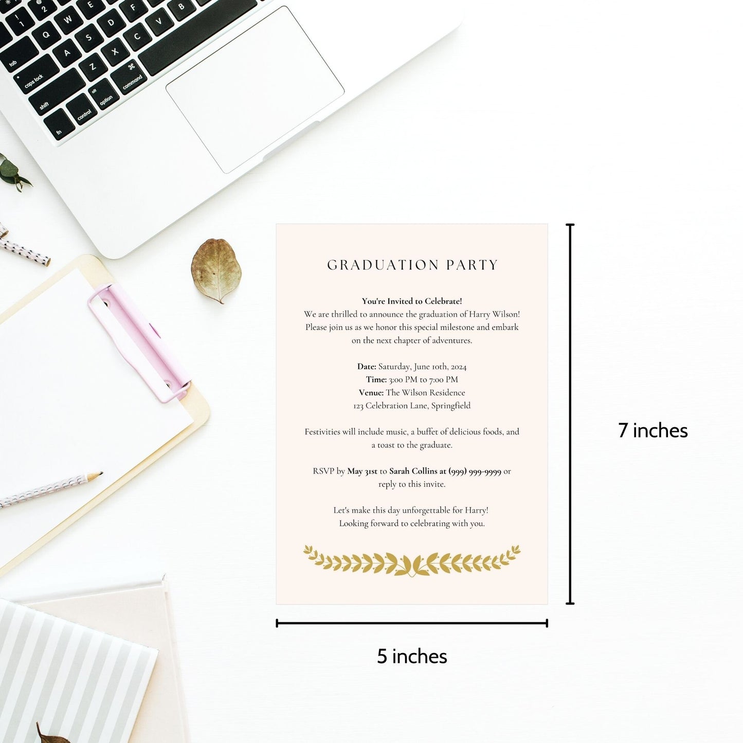 Elegant double-sided graduation party invitation featuring Abbie Wilson in graduation attire on the front and event details on the back, set against a backdrop of golden accents and classically styled text.