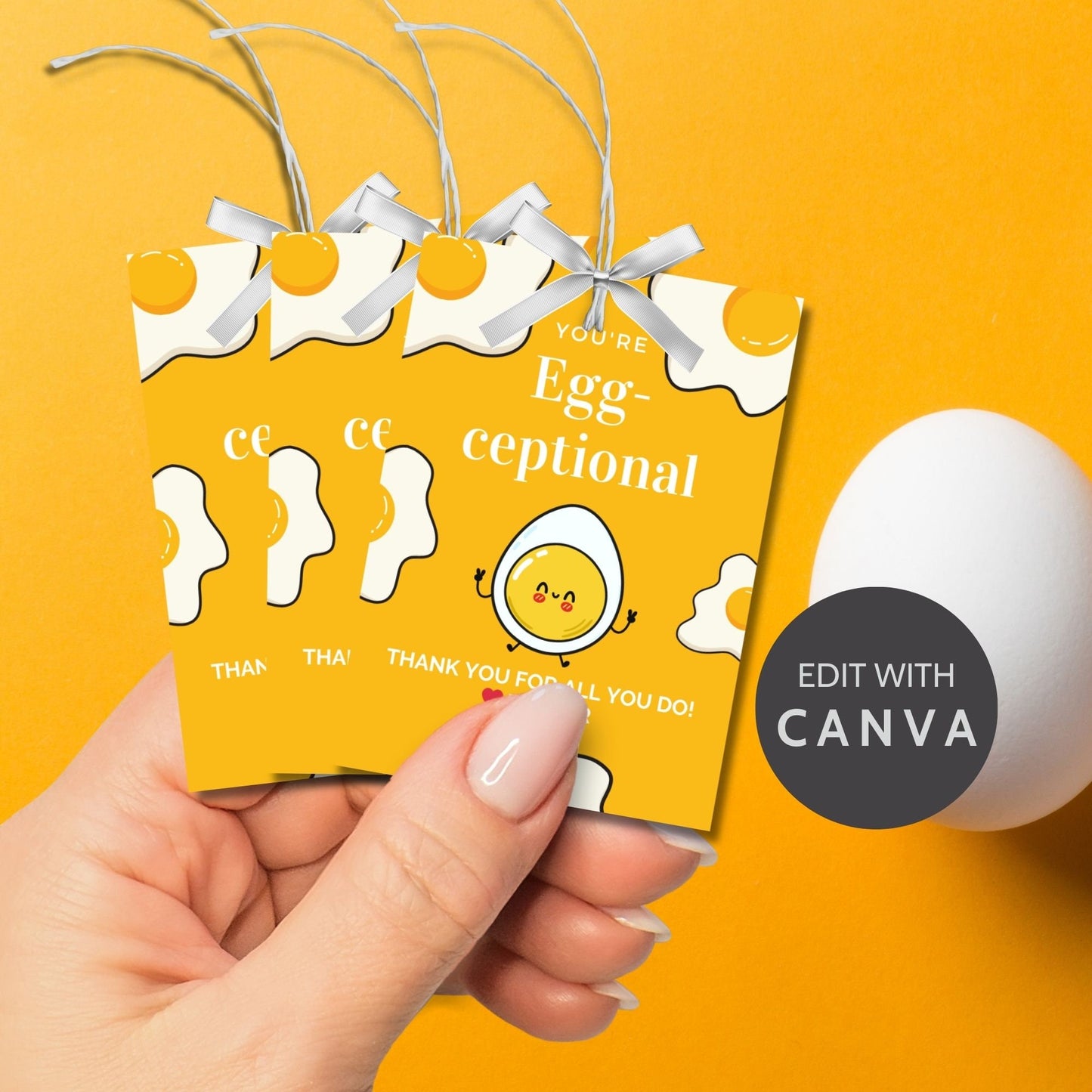 Cheery Youre Egg-ceptional appreciation tags with a cute smiling egg, customizable for names on Canva, perfect for spreading joy and thanks.