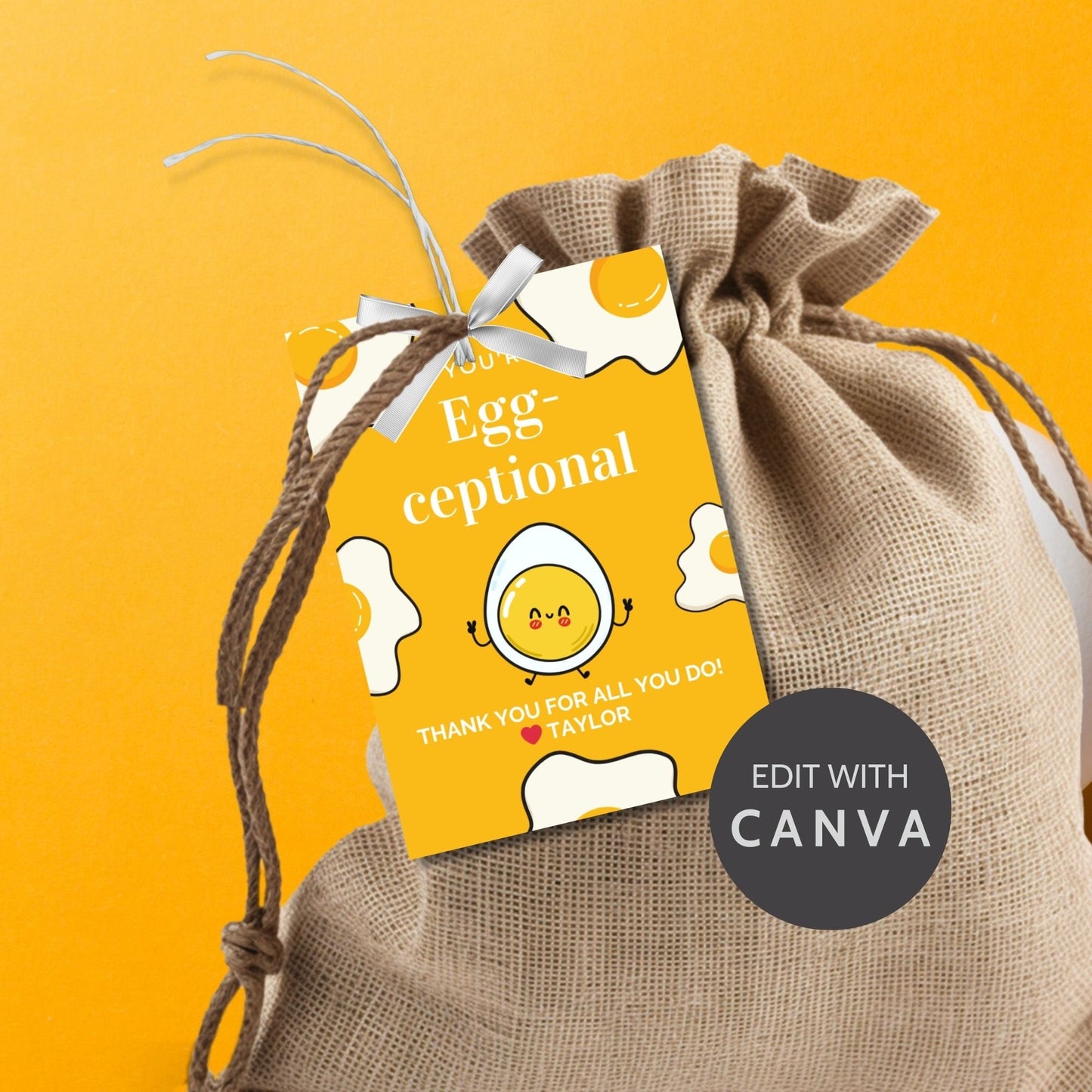 Cheery Youre Egg-ceptional appreciation tags with a cute smiling egg, customizable for names on Canva, perfect for spreading joy and thanks.