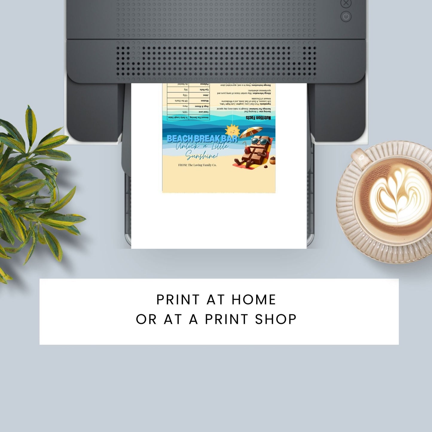 Whimsical beach-themed Fathers Day chocolate bar wrapper featuring a smiling sun, chocolate bar character with sunglasses and a drink, with the text Beach Break Bar - Unlock a Little Sunshine! from the Loving Family Co.