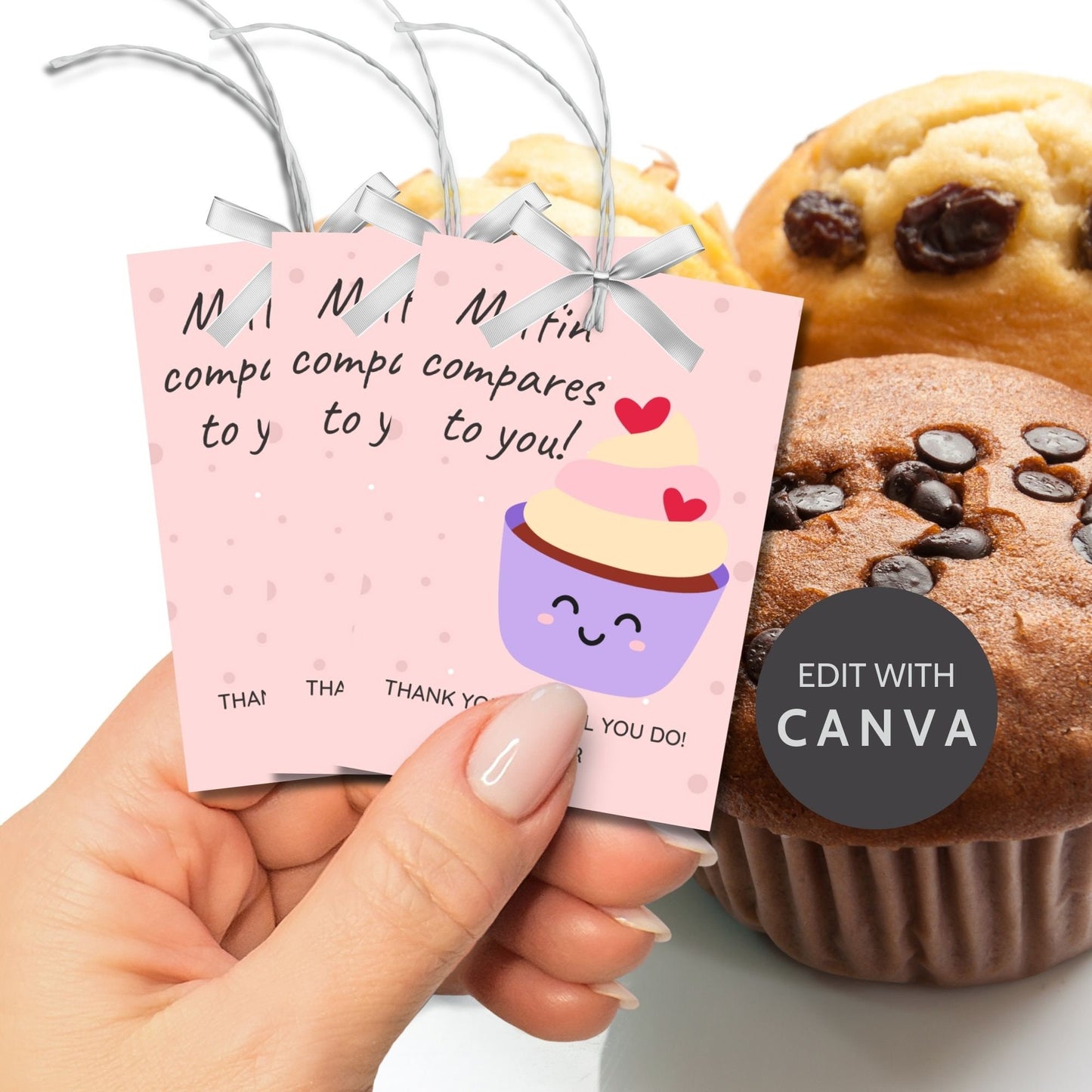 Charming Muffin Compares to You gift tags featuring a cute muffin cartoon, customizable for names via Canva, ideal for thanking and appreciating someone special.