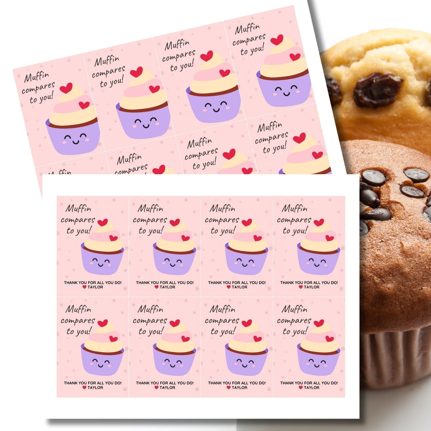 Charming Muffin Compares to You gift tags featuring a cute muffin cartoon, customizable for names via Canva, ideal for thanking and appreciating someone special.