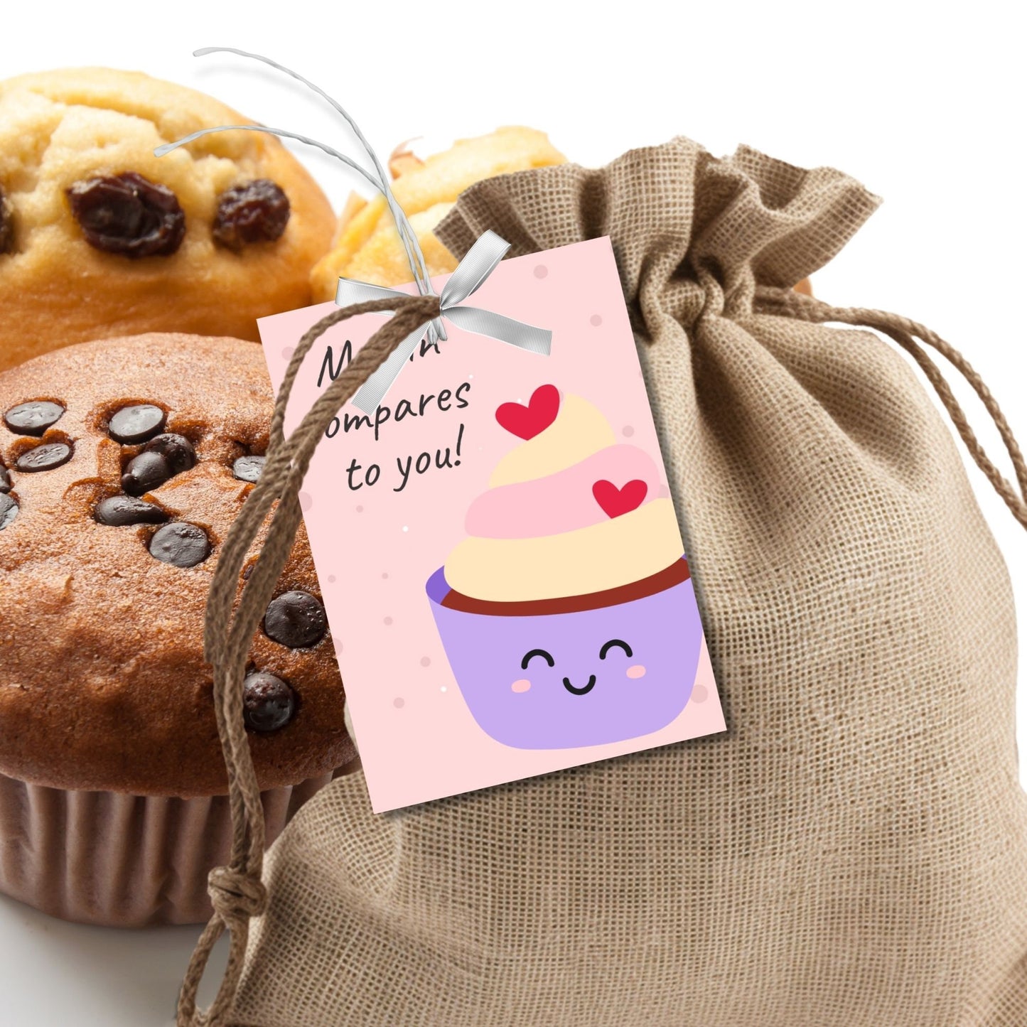 Charming Muffin Compares to You gift tags featuring a cute muffin cartoon, customizable for names via Canva, ideal for thanking and appreciating someone special.