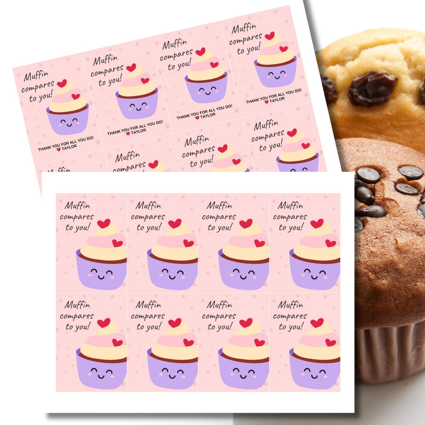 Charming Muffin Compares to You gift tags featuring a cute muffin cartoon, customizable for names via Canva, ideal for thanking and appreciating someone special.
