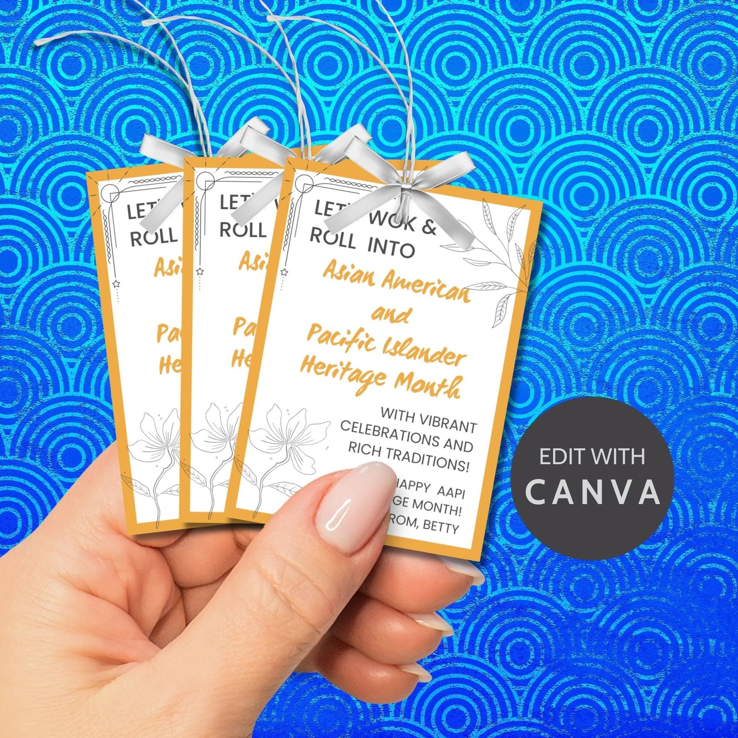 Eight vibrant gift tags with the text Let's Wok & Roll into Asian American and Pacific Islander Heritage Month and customizable name fields, decorated with elegant floral designs.