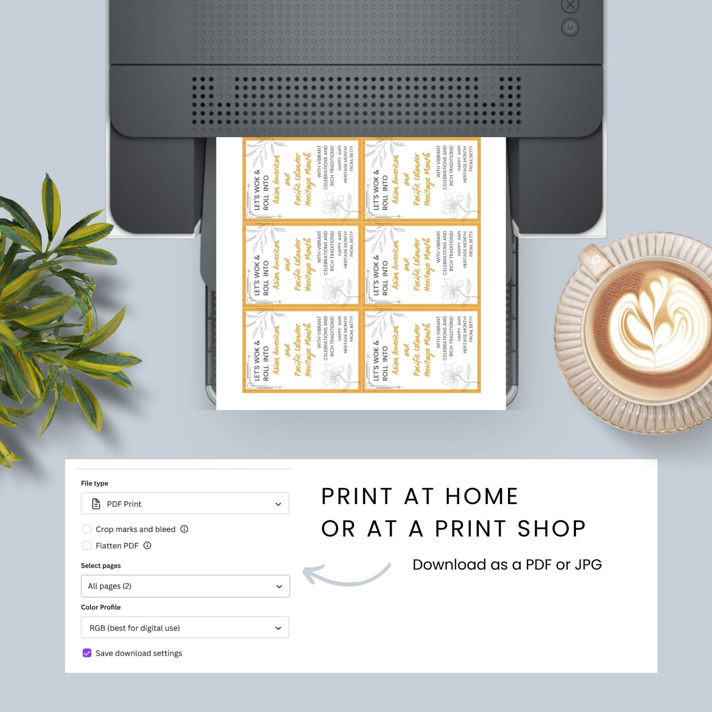 Eight vibrant gift tags with the text Let's Wok & Roll into Asian American and Pacific Islander Heritage Month and customizable name fields, decorated with elegant floral designs.