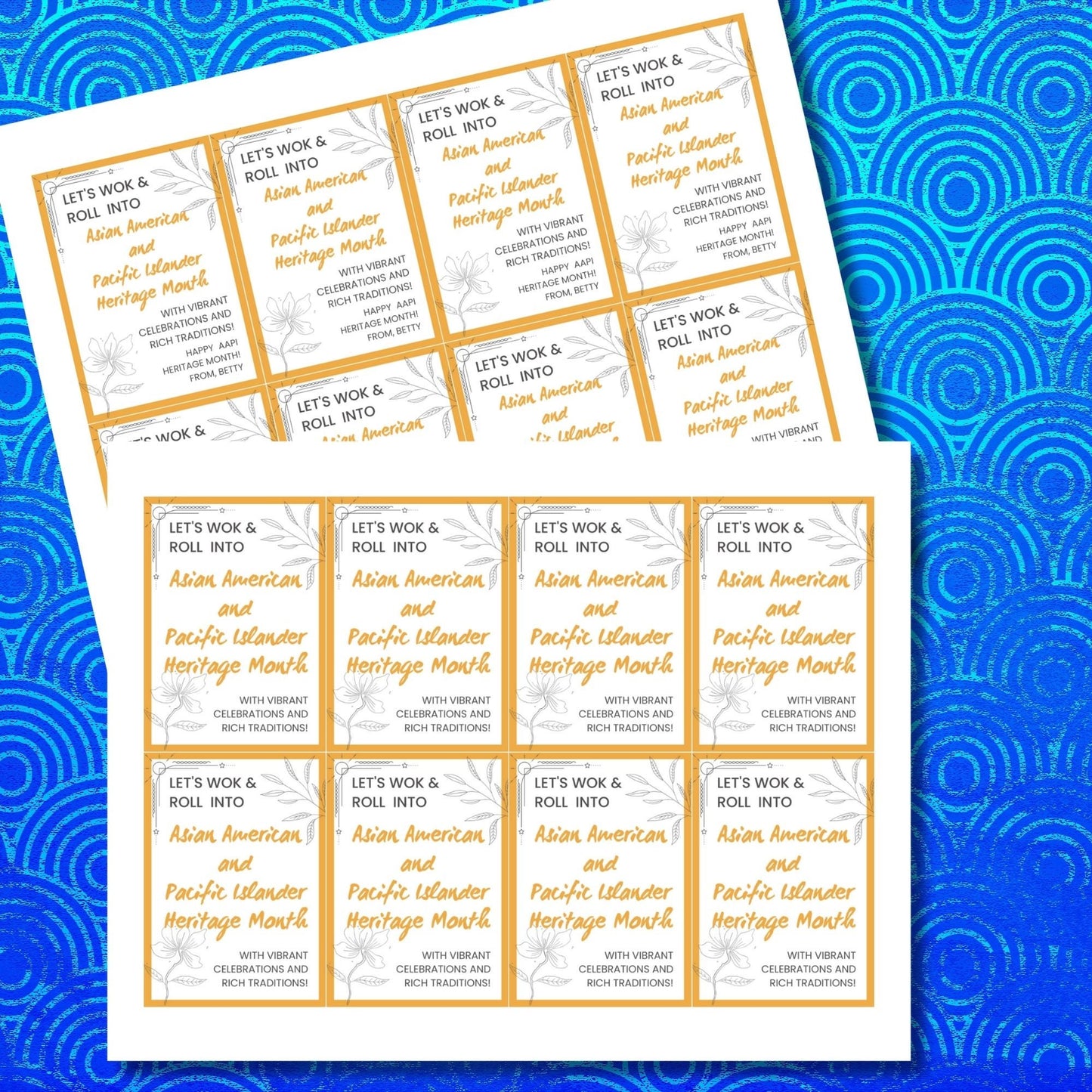 Eight vibrant gift tags with the text Let's Wok & Roll into Asian American and Pacific Islander Heritage Month and customizable name fields, decorated with elegant floral designs.