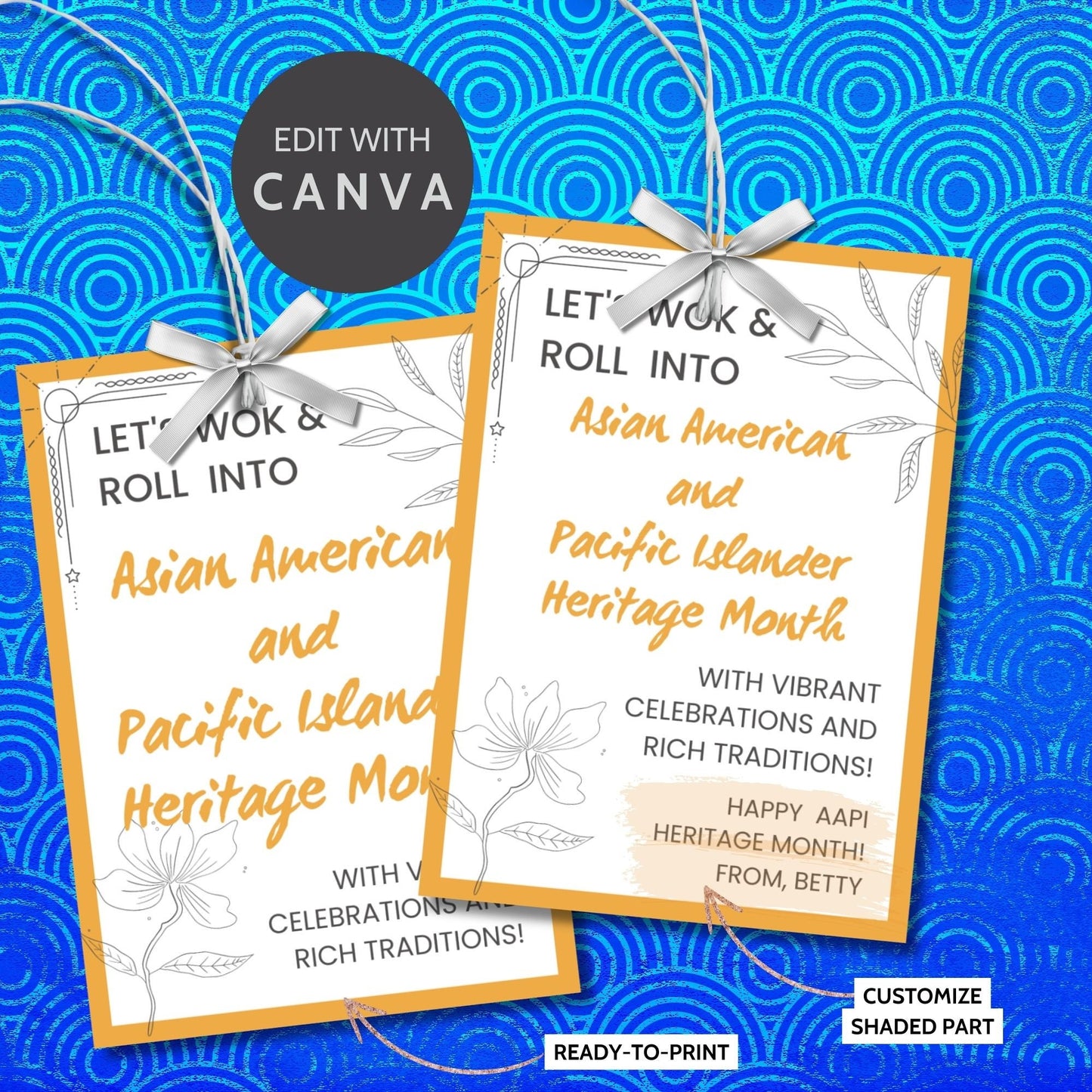 Eight vibrant gift tags with the text Let's Wok & Roll into Asian American and Pacific Islander Heritage Month and customizable name fields, decorated with elegant floral designs.