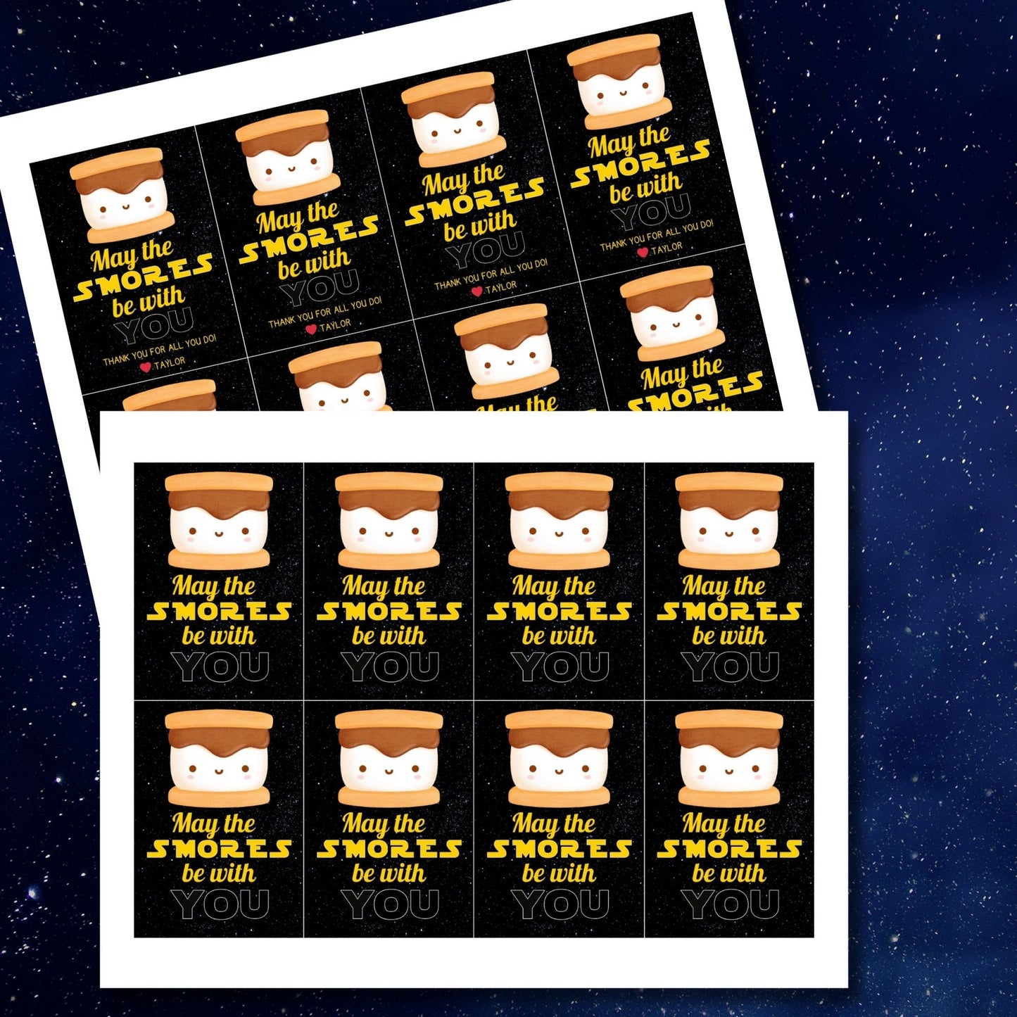 Whimsical May the Smores Be with You gift tags featuring a cute s'mores design against a starry background, customizable for names, perfect for showing appreciation.