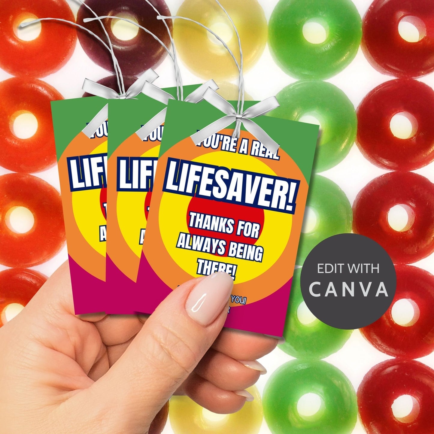 Image showcasing YOURE A REAL LIFESAVER! THANKS FOR ALWAYS BEING THERE! Tags express gratitude with customizable names. Perfect for appreciation gifts to dads, teachers, staff, and more.