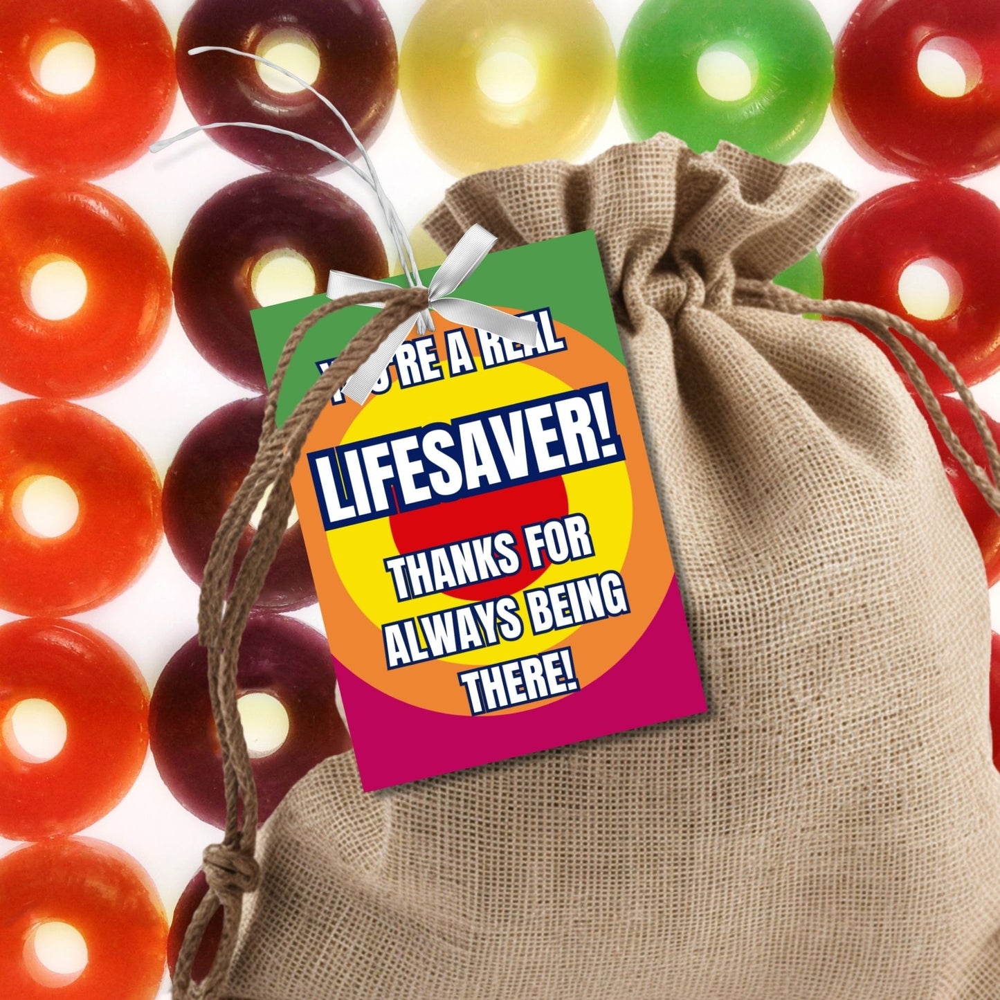 Image showcasing YOURE A REAL LIFESAVER! THANKS FOR ALWAYS BEING THERE! Tags express gratitude with customizable names. Perfect for appreciation gifts to dads, teachers, staff, and more.