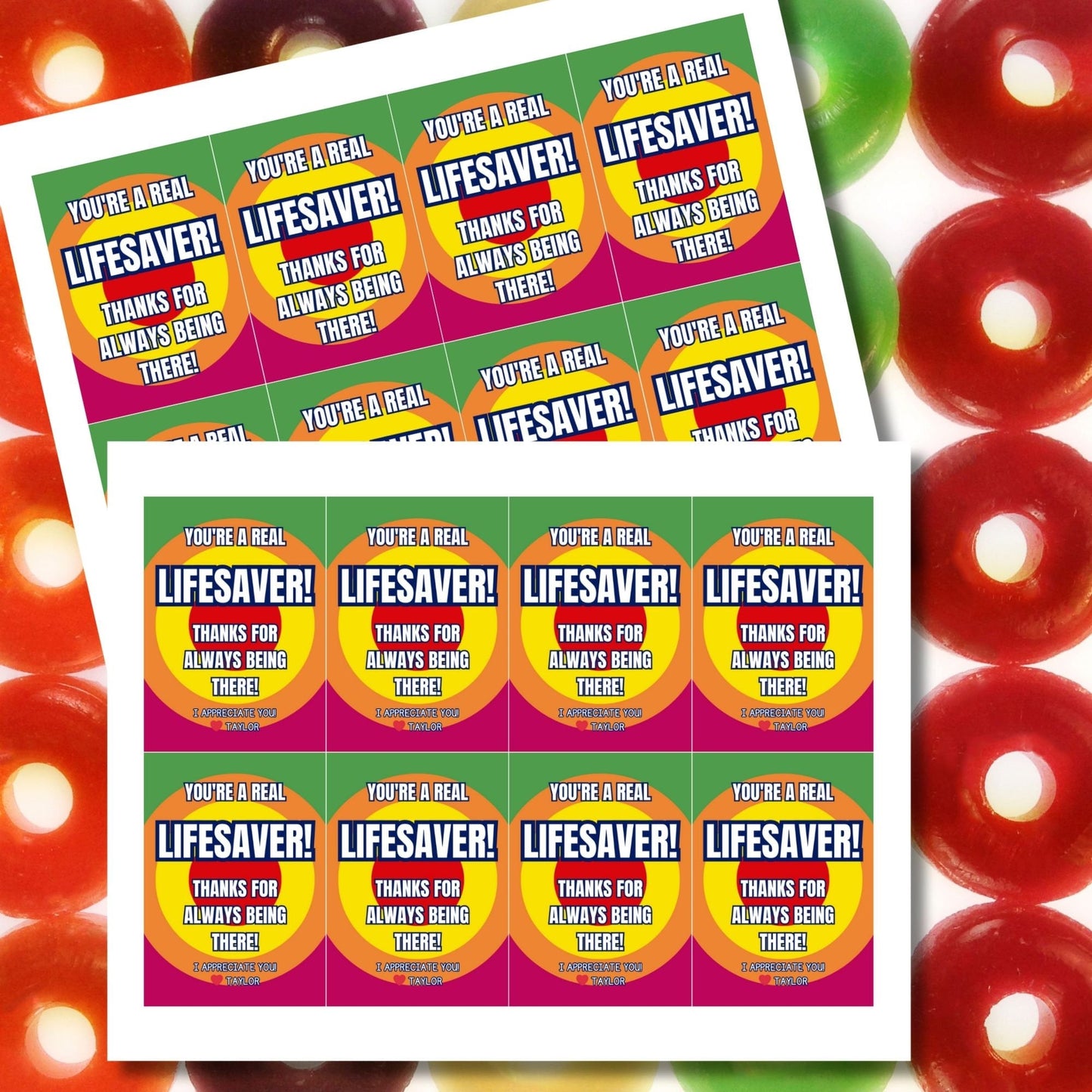Image showcasing YOURE A REAL LIFESAVER! THANKS FOR ALWAYS BEING THERE! Tags express gratitude with customizable names. Perfect for appreciation gifts to dads, teachers, staff, and more.