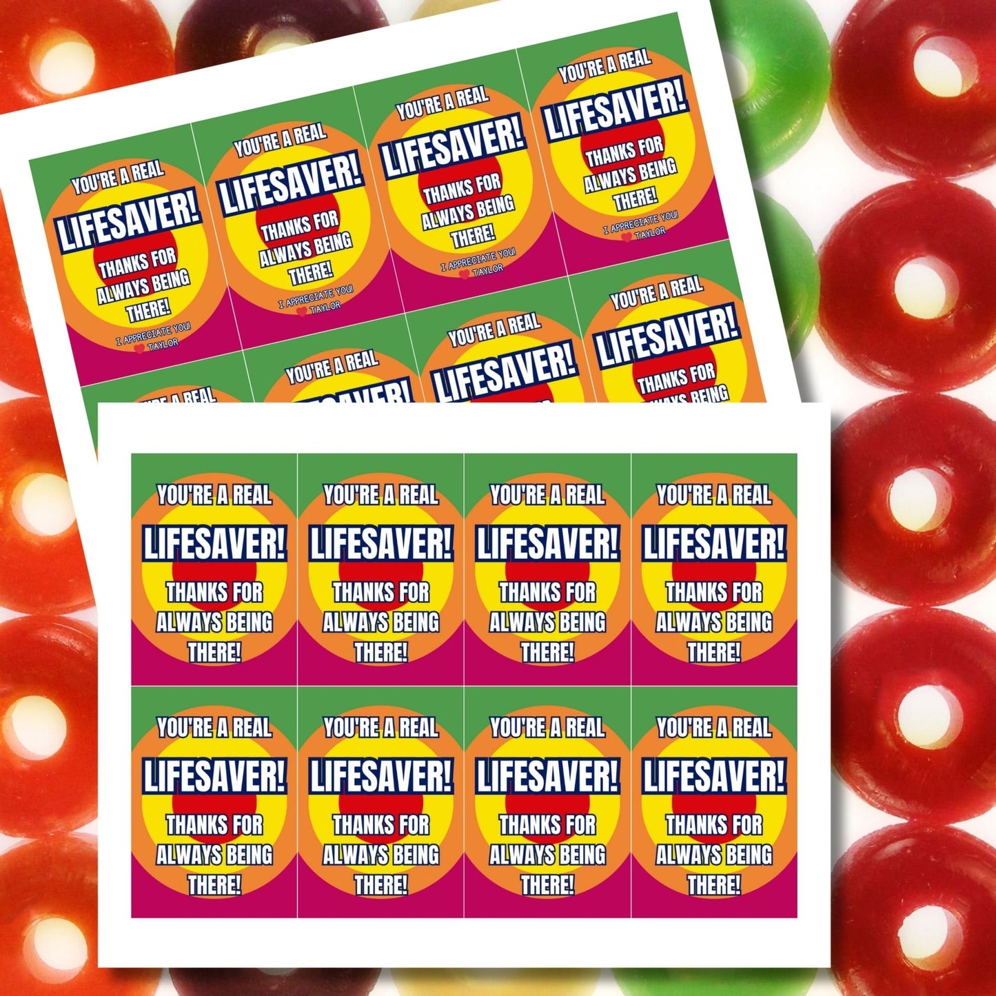 Image showcasing YOURE A REAL LIFESAVER! THANKS FOR ALWAYS BEING THERE! Tags express gratitude with customizable names. Perfect for appreciation gifts to dads, teachers, staff, and more.