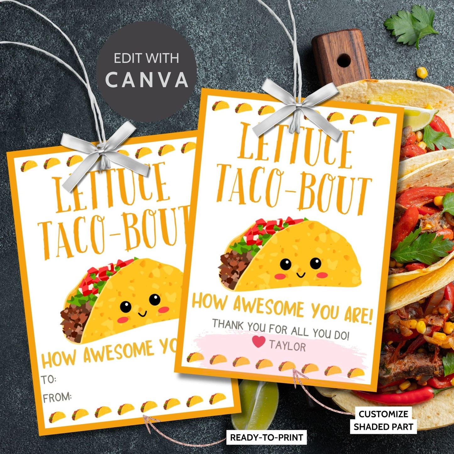 Fun and colorful Cinco de Mayo gift tags featuring a smiling taco with Lettuce Taco-Bout How Awesome You Are! text, designed to brighten anyone's day.