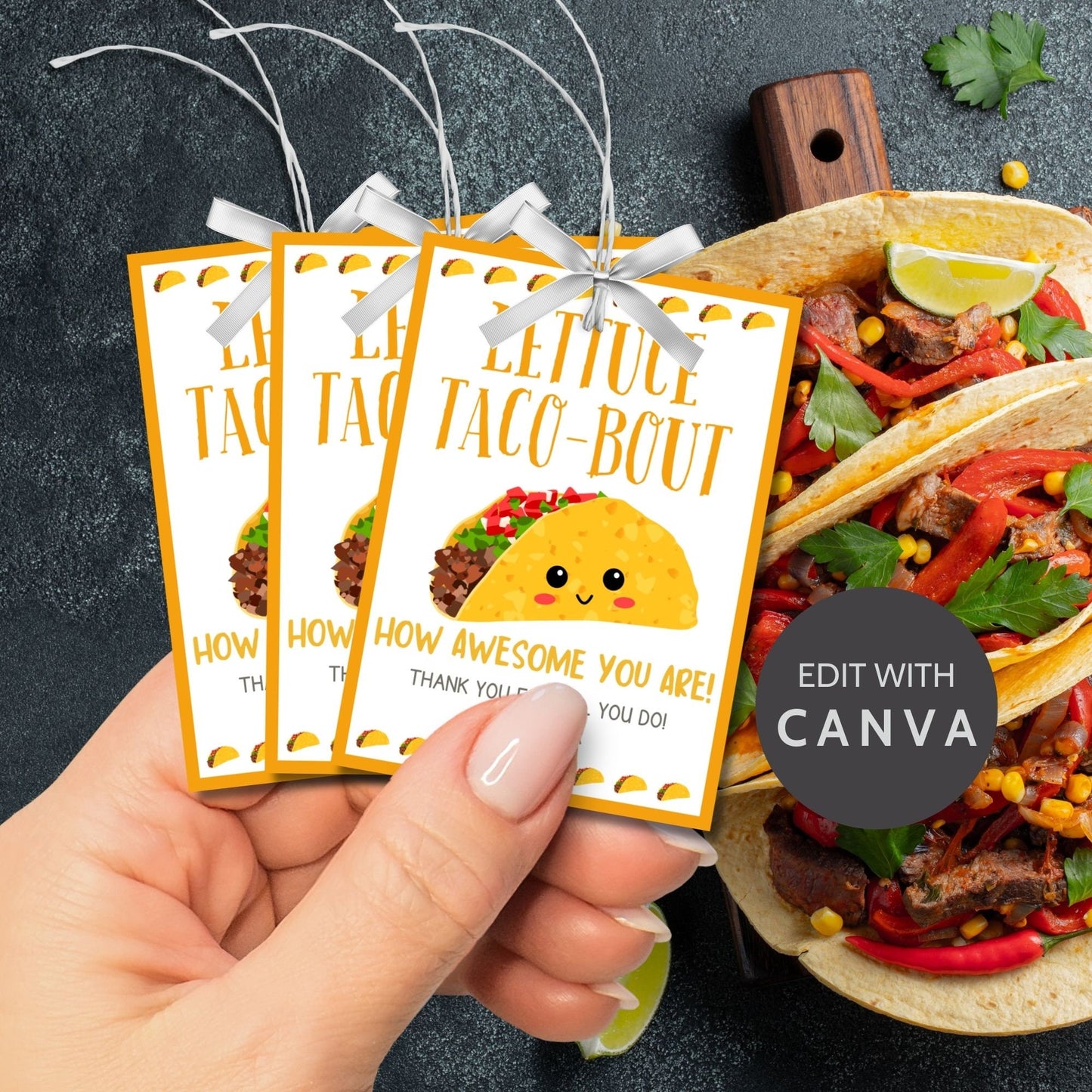 Fun and colorful Cinco de Mayo gift tags featuring a smiling taco with Lettuce Taco-Bout How Awesome You Are! text, designed to brighten anyone's day.
