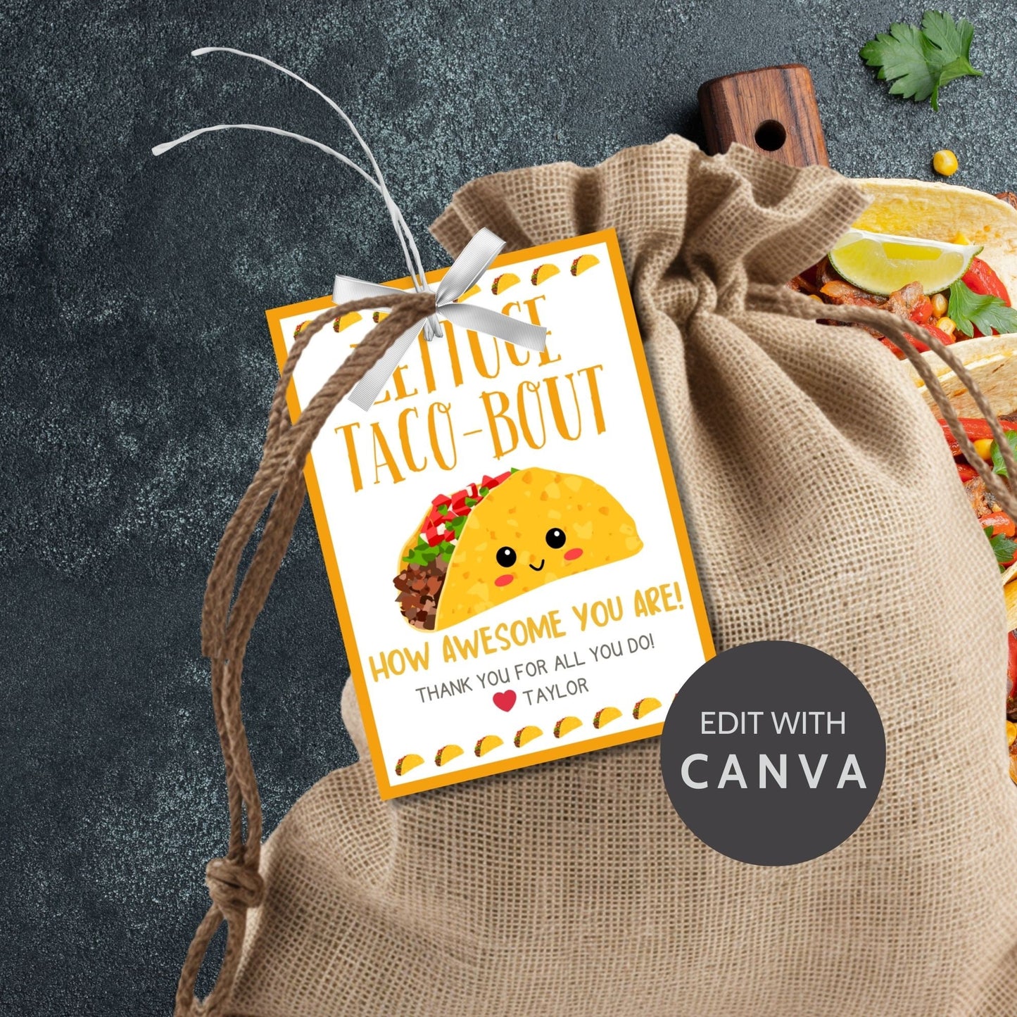 Fun and colorful Cinco de Mayo gift tags featuring a smiling taco with Lettuce Taco-Bout How Awesome You Are! text, designed to brighten anyone's day.