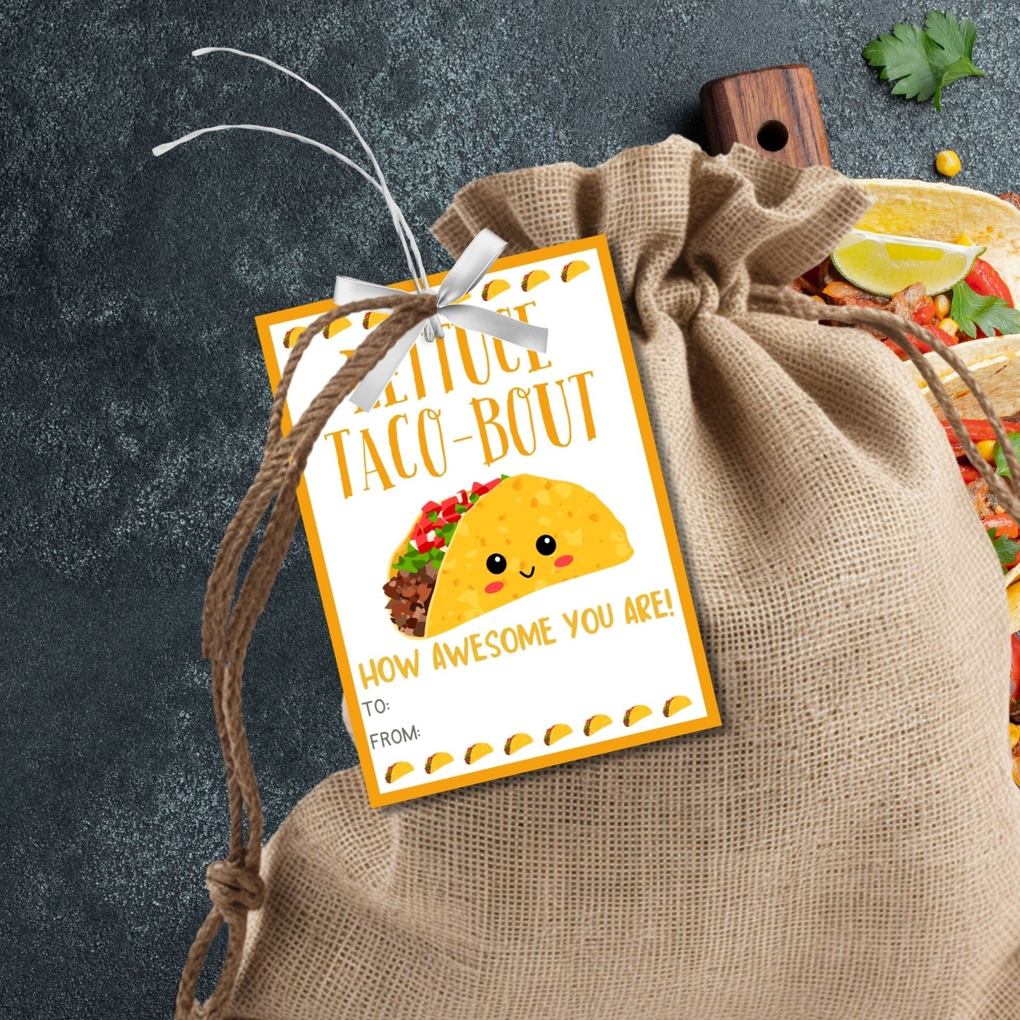 Fun and colorful Cinco de Mayo gift tags featuring a smiling taco with Lettuce Taco-Bout How Awesome You Are! text, designed to brighten anyone's day.